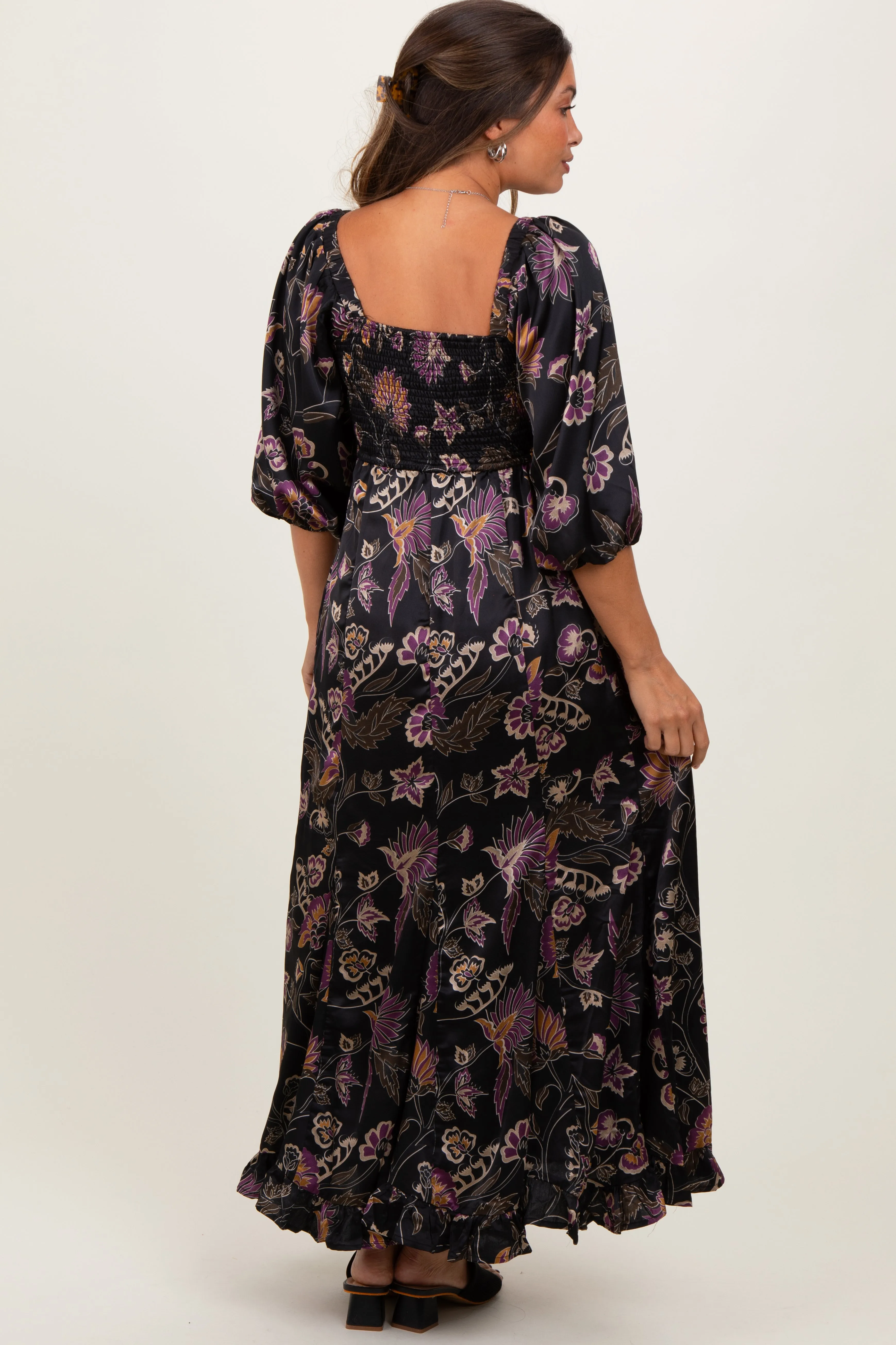 Black Floral Smocked Ruffled Hem Maternity Maxi Dress sold by Pinkblush product image thumbnail 3
