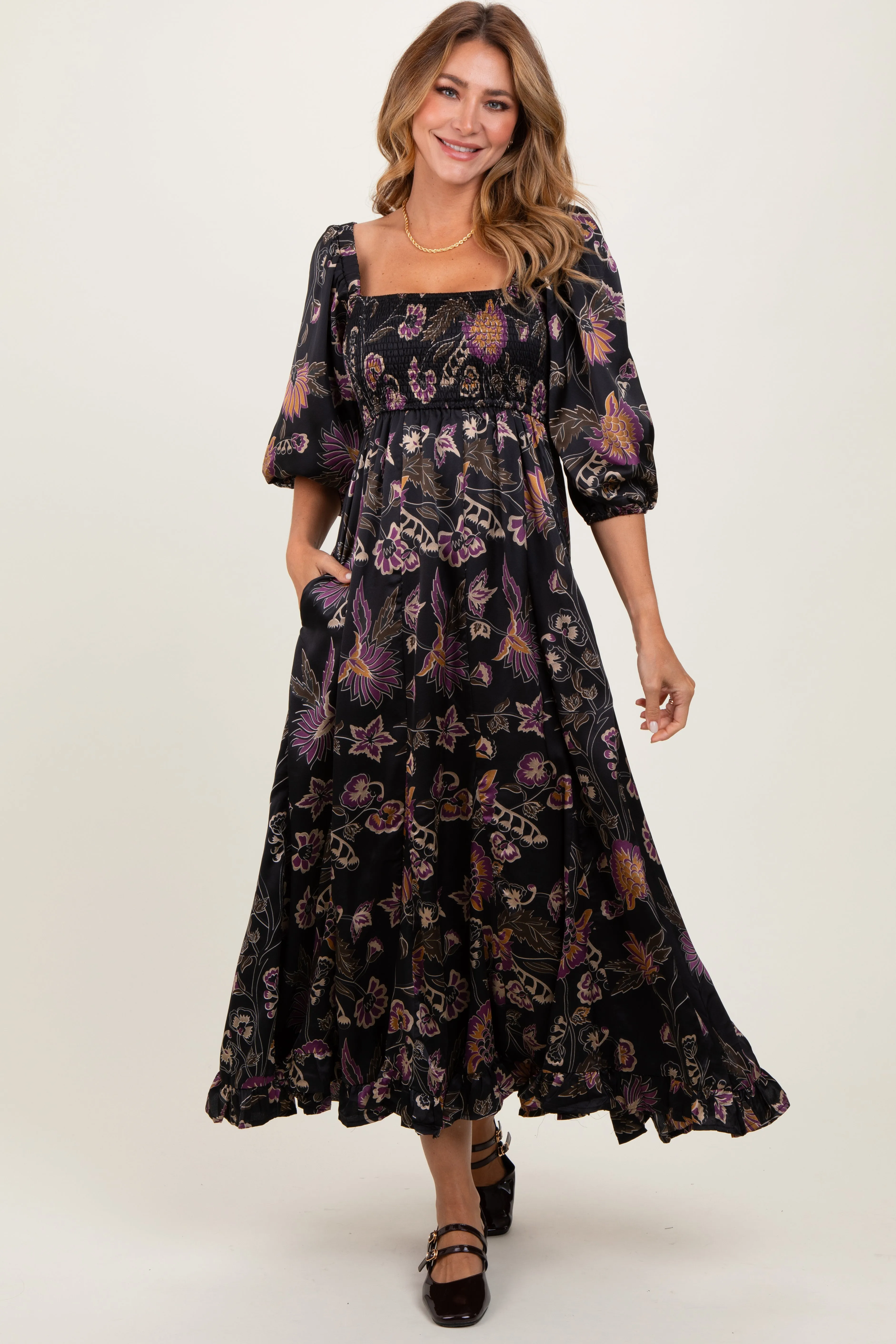 Black Floral Smocked Ruffled Hem Maternity Maxi Dress sold by Pinkblush product image thumbnail 4