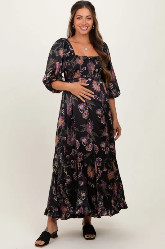 Black Floral Smocked Ruffled Hem Maternity Maxi Dress sold by Pinkblush
