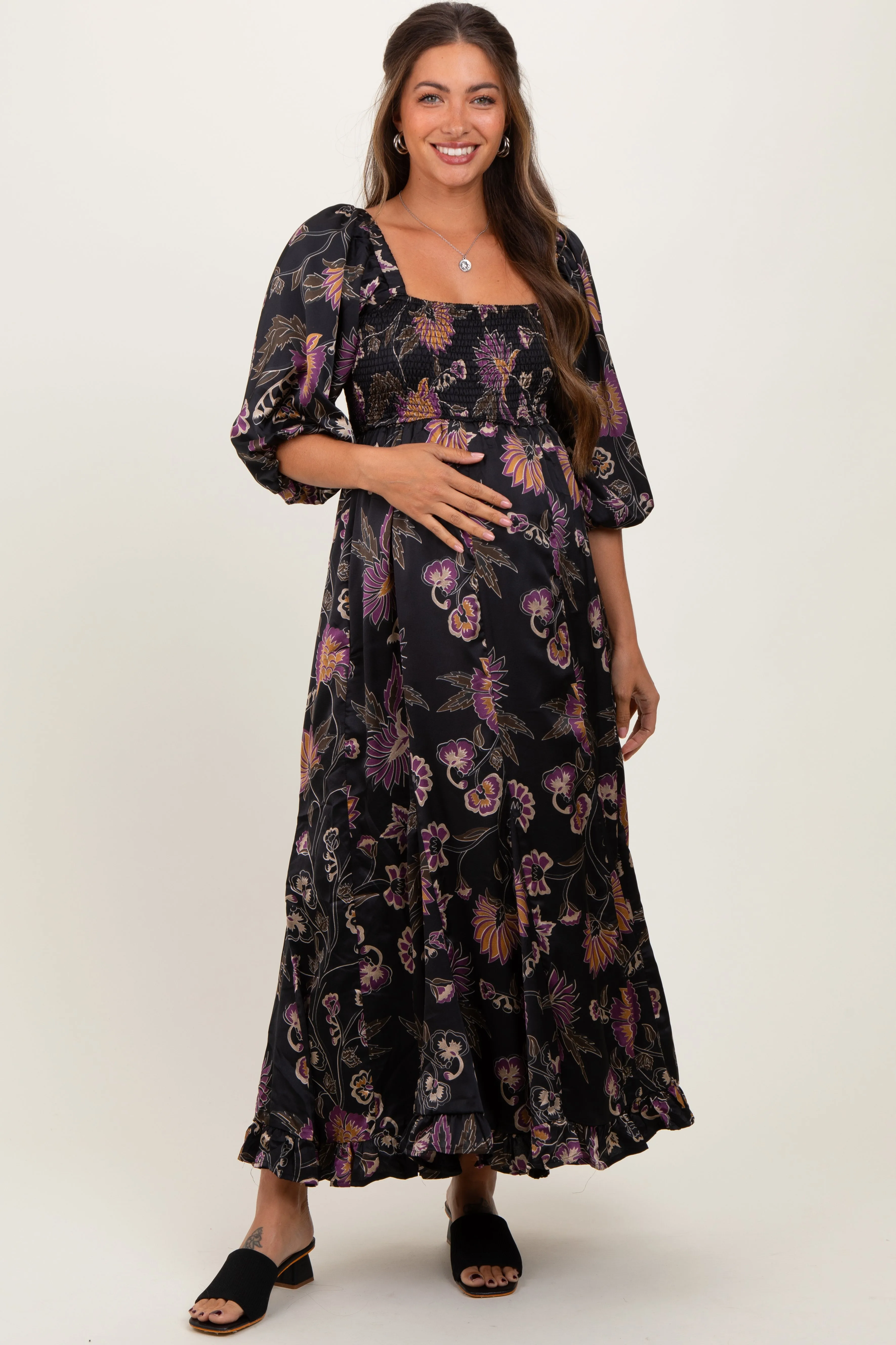 Black Floral Smocked Ruffled Hem Maternity Maxi Dress sold by Pinkblush