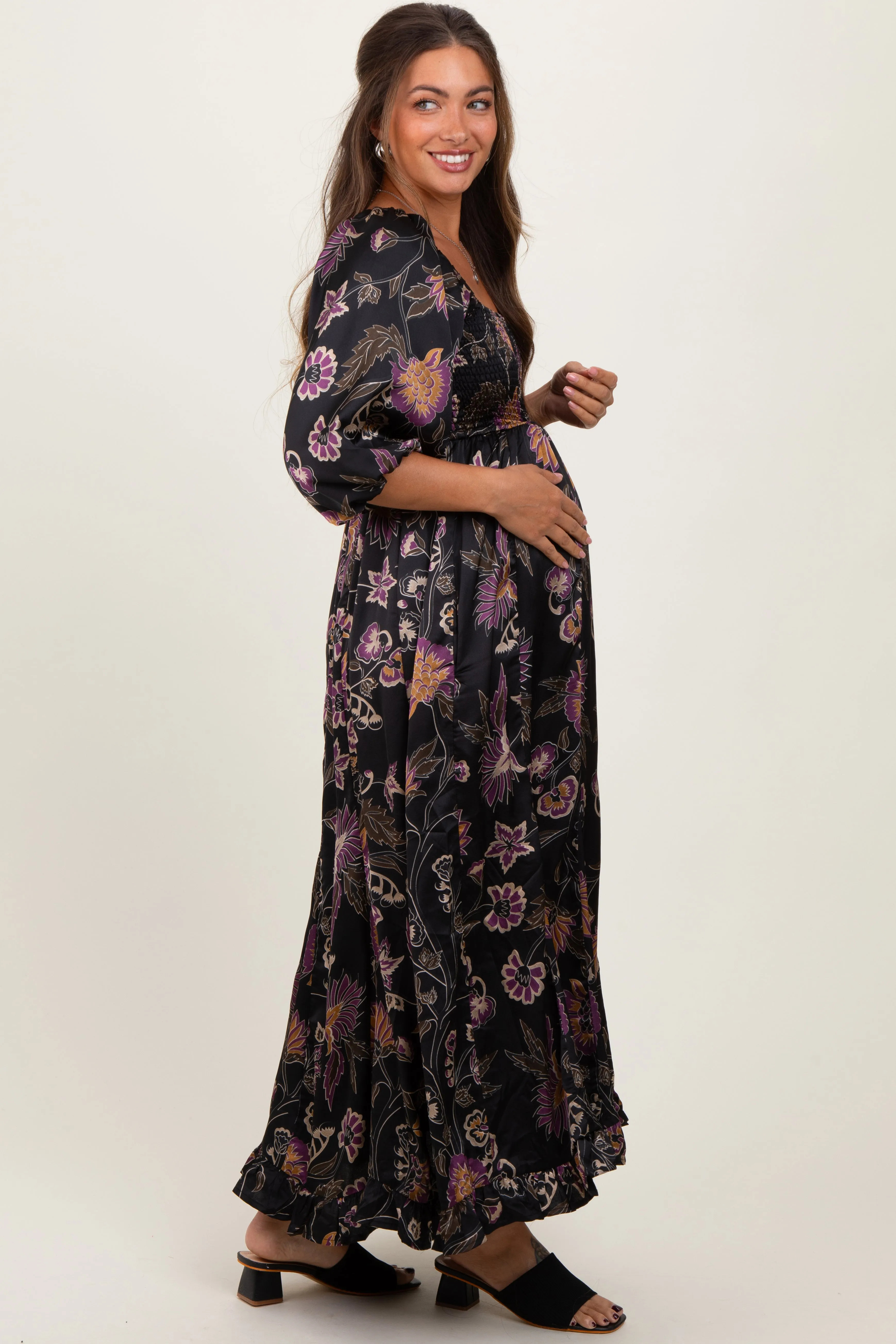 Black Floral Smocked Ruffled Hem Maternity Maxi Dress sold by Pinkblush product image thumbnail 2