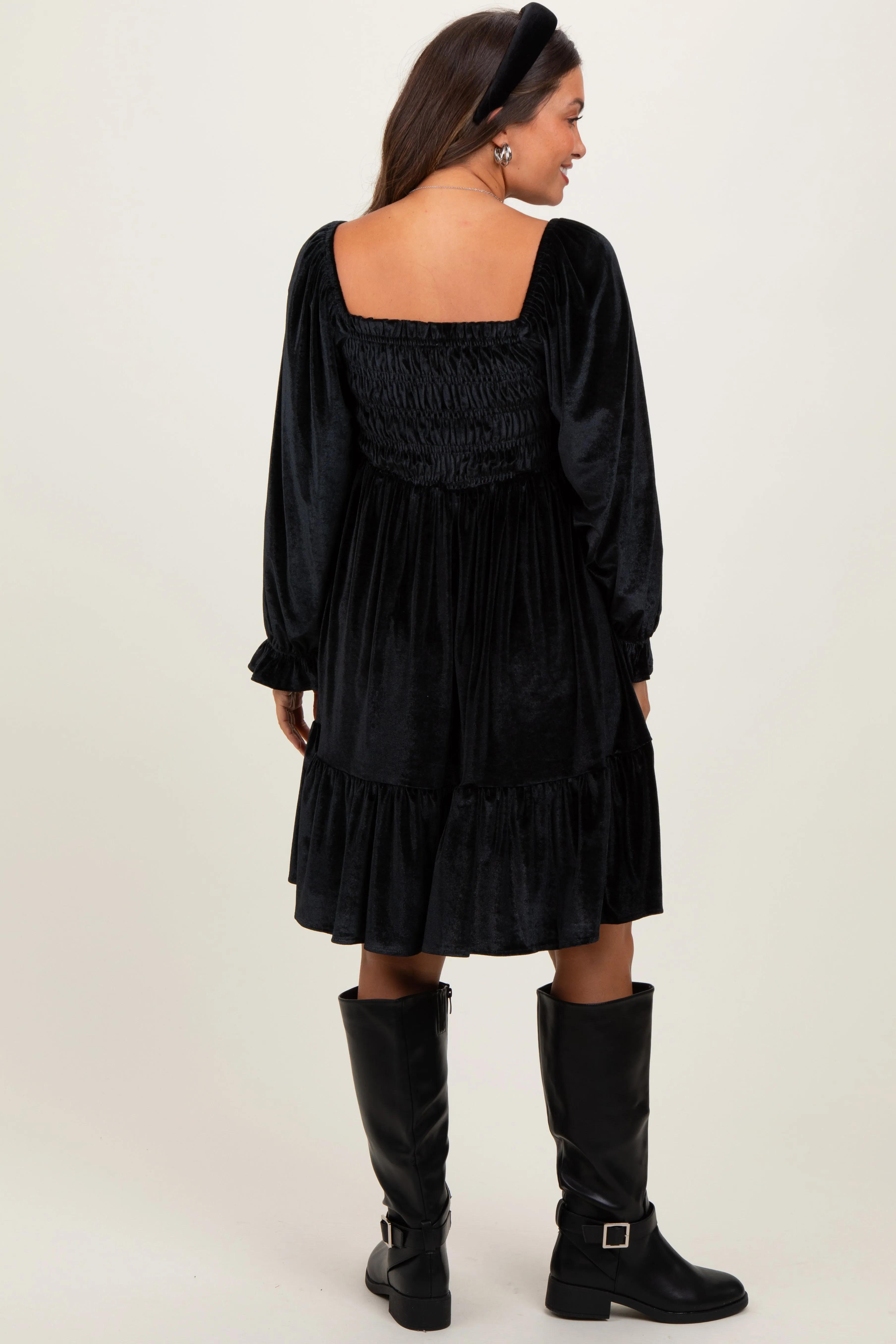 Black Velvet Smocked Long Sleeve Maternity Dress sold by Pinkblush product image thumbnail 4