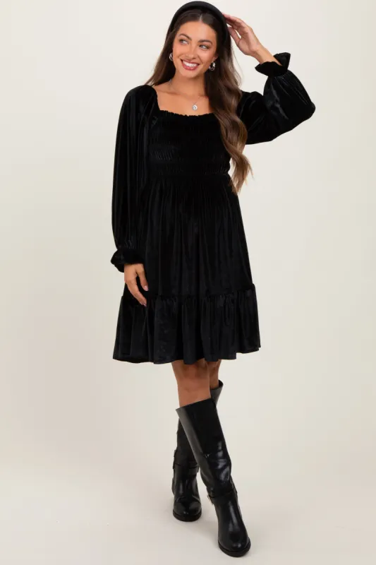 Black Velvet Smocked Long Sleeve Maternity Dress sold by Pinkblush