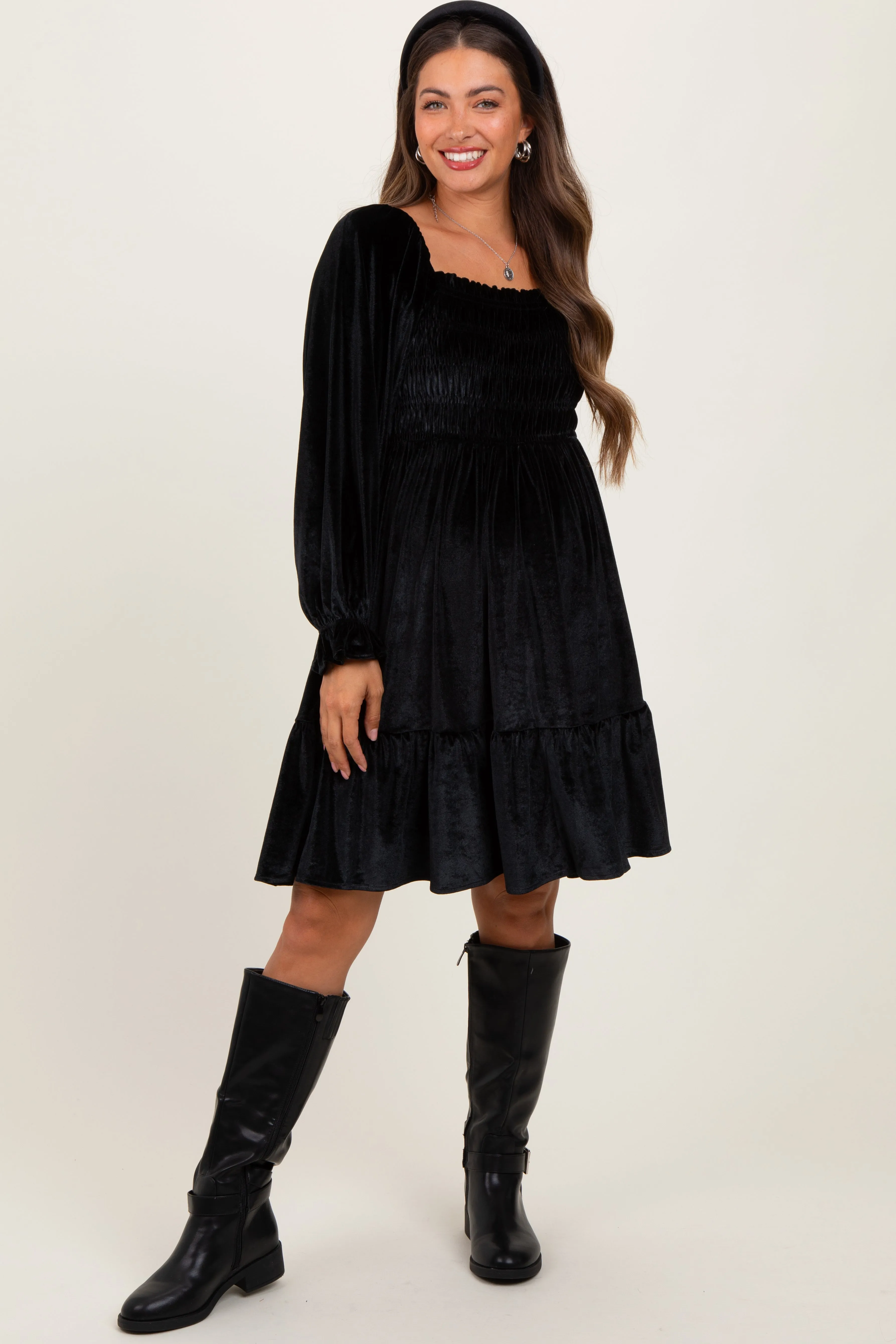 Black Velvet Smocked Long Sleeve Maternity Dress sold by Pinkblush product image thumbnail 2
