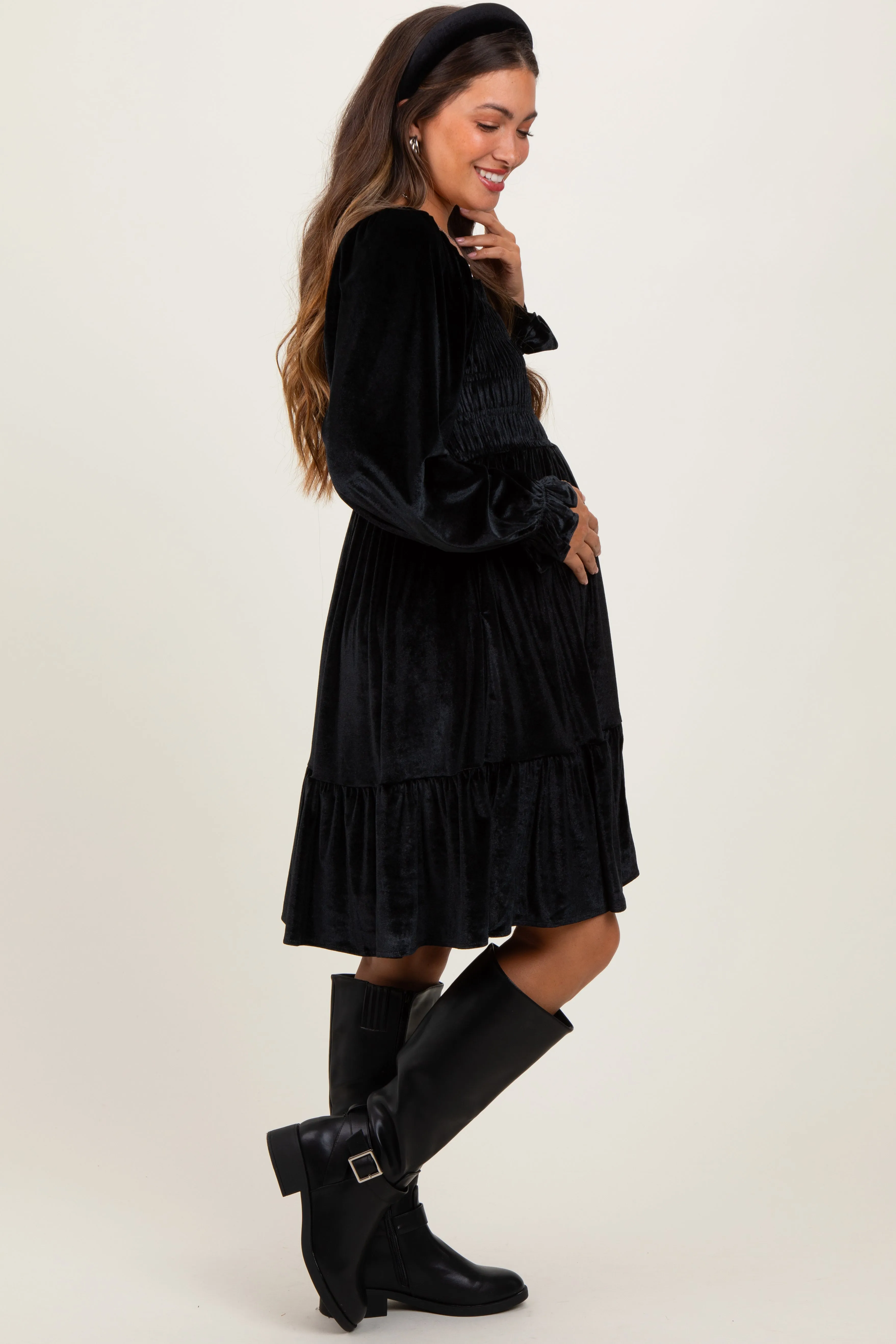 Black Velvet Smocked Long Sleeve Maternity Dress sold by Pinkblush product image thumbnail 3