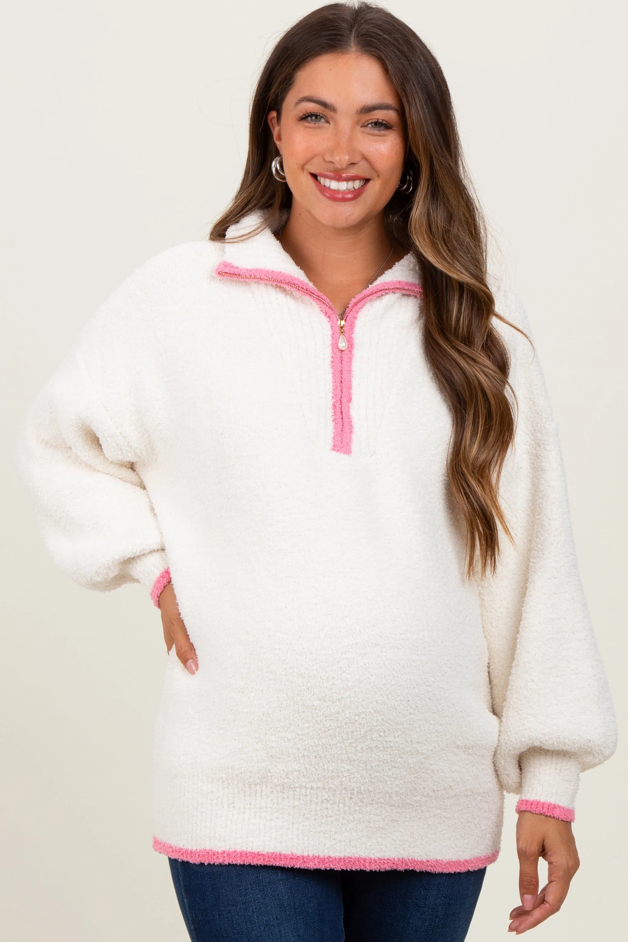 Cream Soft Fuzzy Knit Quarter Zip Maternity Pullover Sweater sold by Pinkblush