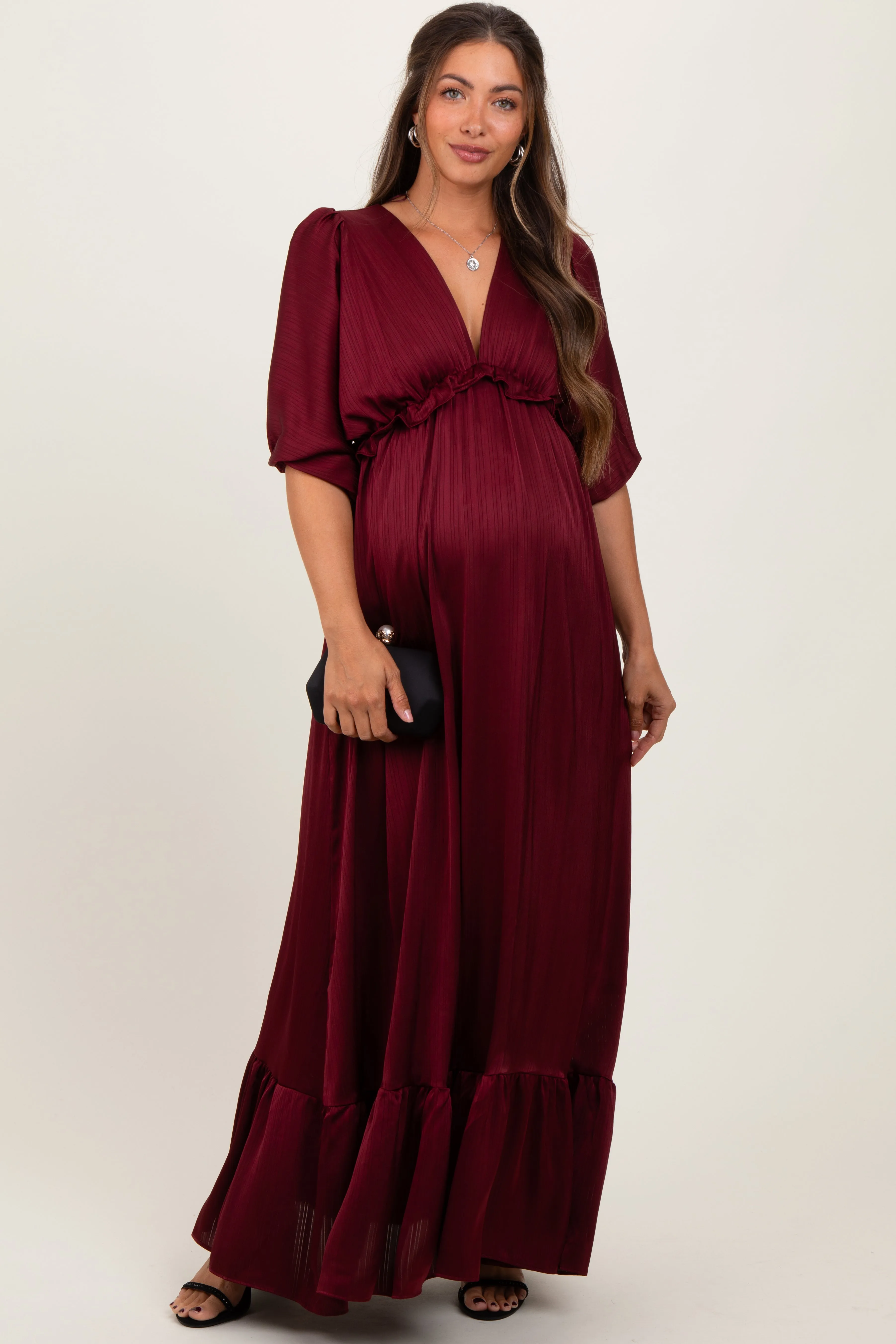 Burgundy Striped Ruffle Accent Maternity Maxi Dress sold by Pinkblush