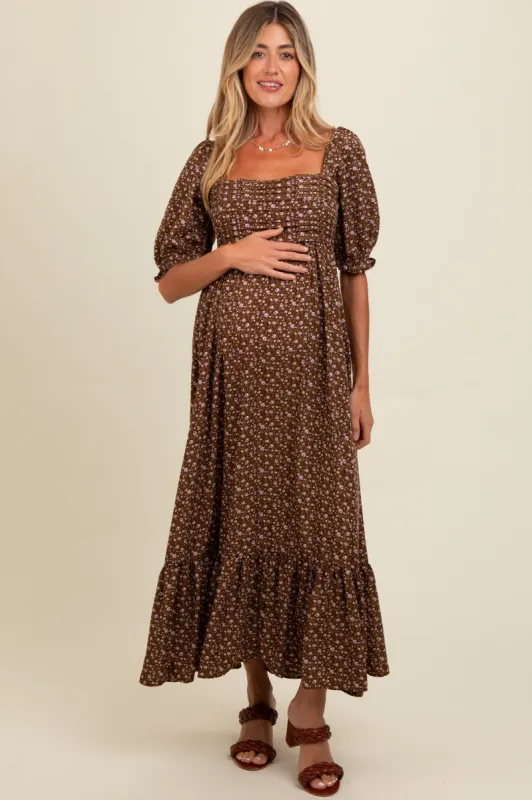 Mocha Floral Pleated Bodice Maternity Maxi Dress sold by Pinkblush