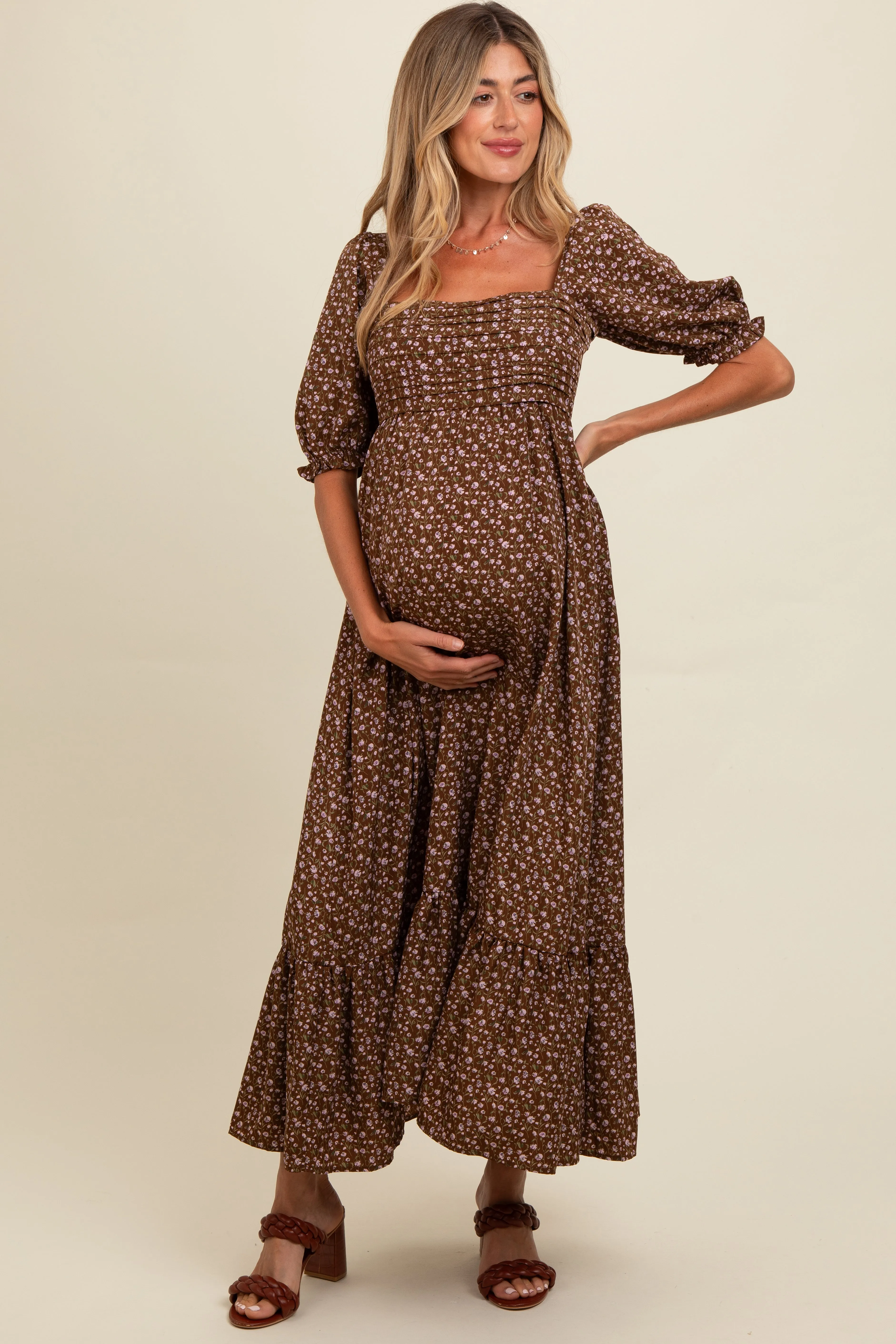 Mocha Floral Pleated Bodice Maternity Maxi Dress sold by Pinkblush product image thumbnail 2