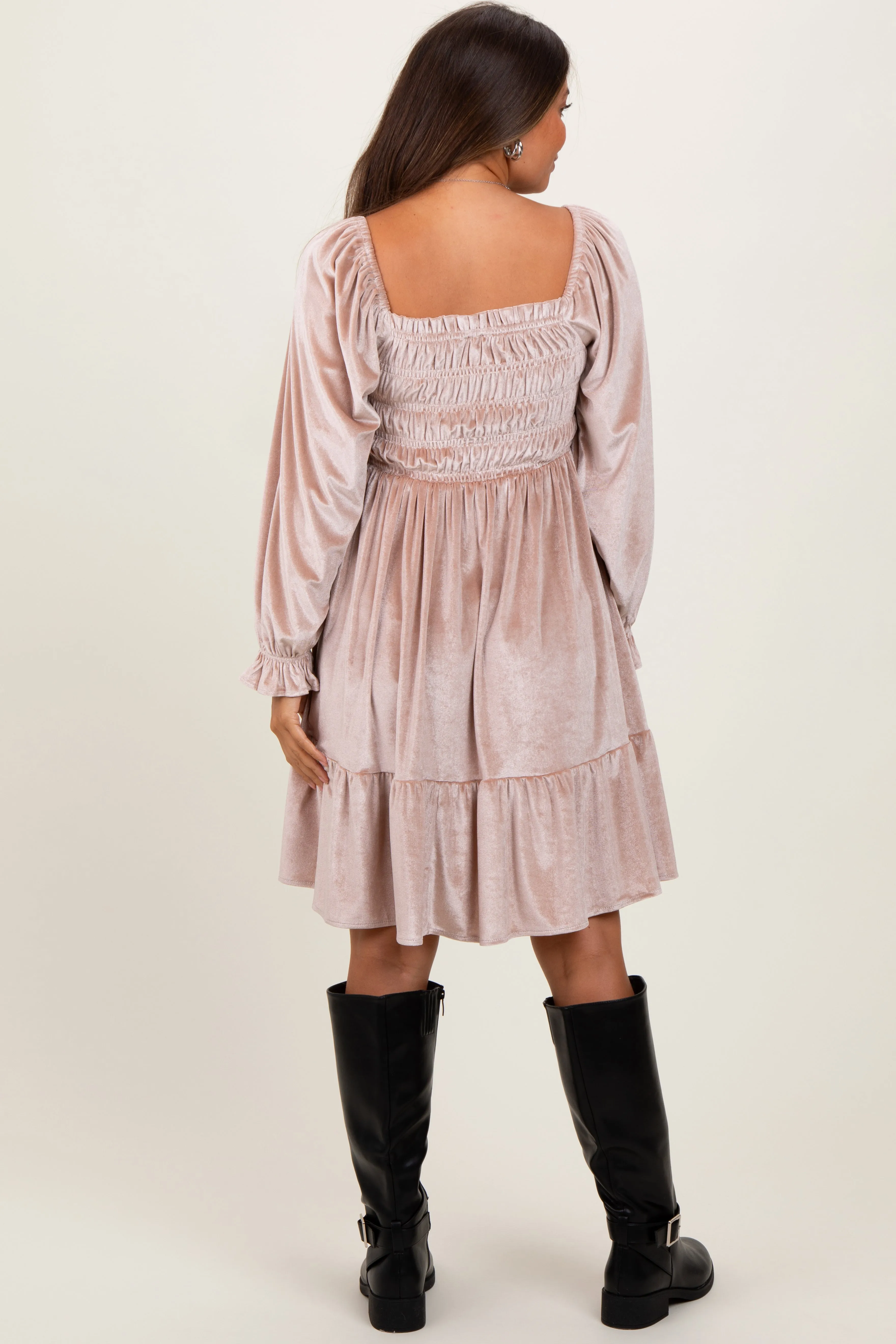 Light Taupe Velvet Smocked Long Sleeve Maternity Dress sold by Pinkblush product image thumbnail 4