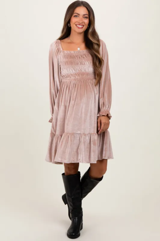 Light Taupe Velvet Smocked Long Sleeve Maternity Dress sold by Pinkblush