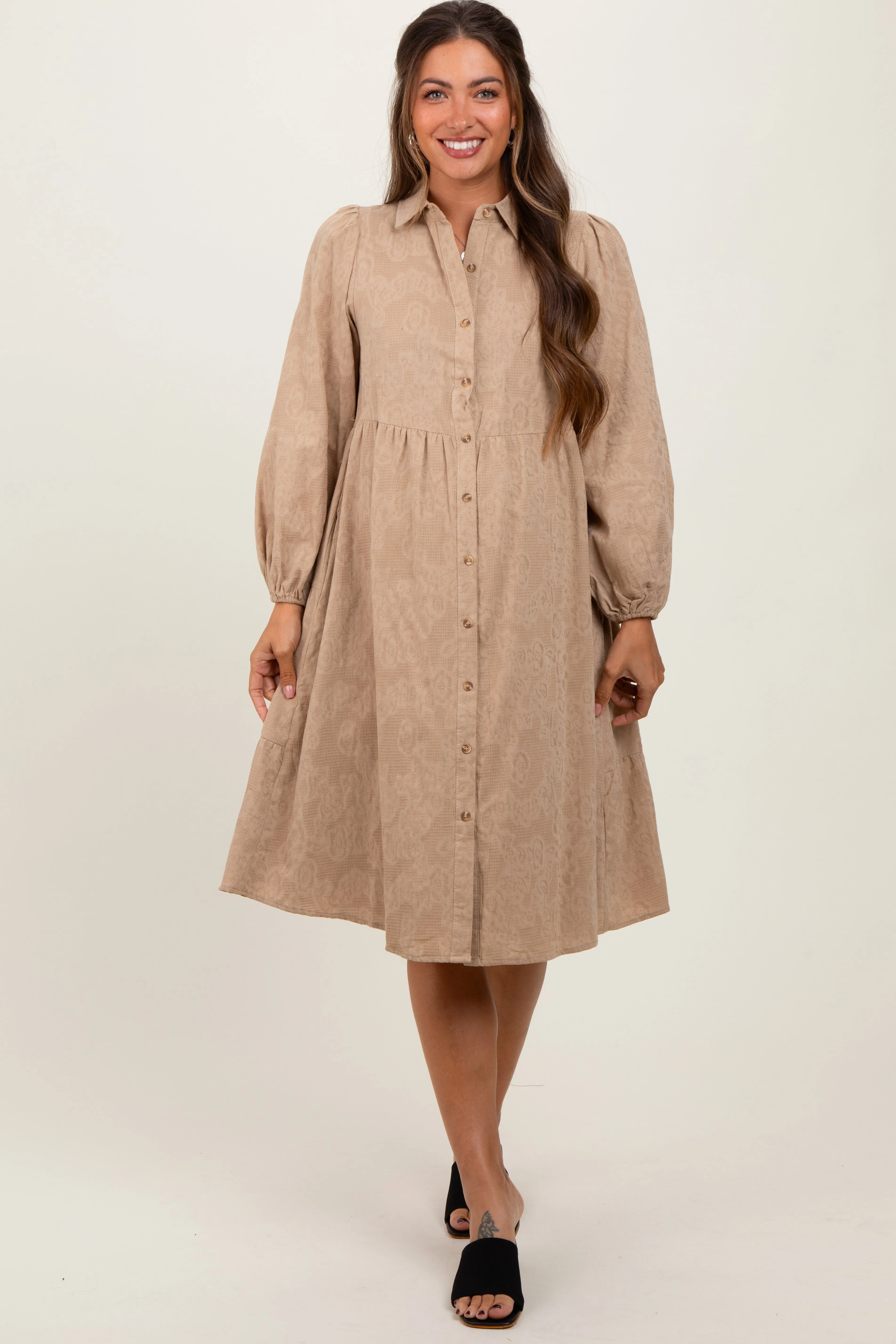 Camel Tiered Button Down Maternity Shirt Dress sold by Pinkblush product image thumbnail 2