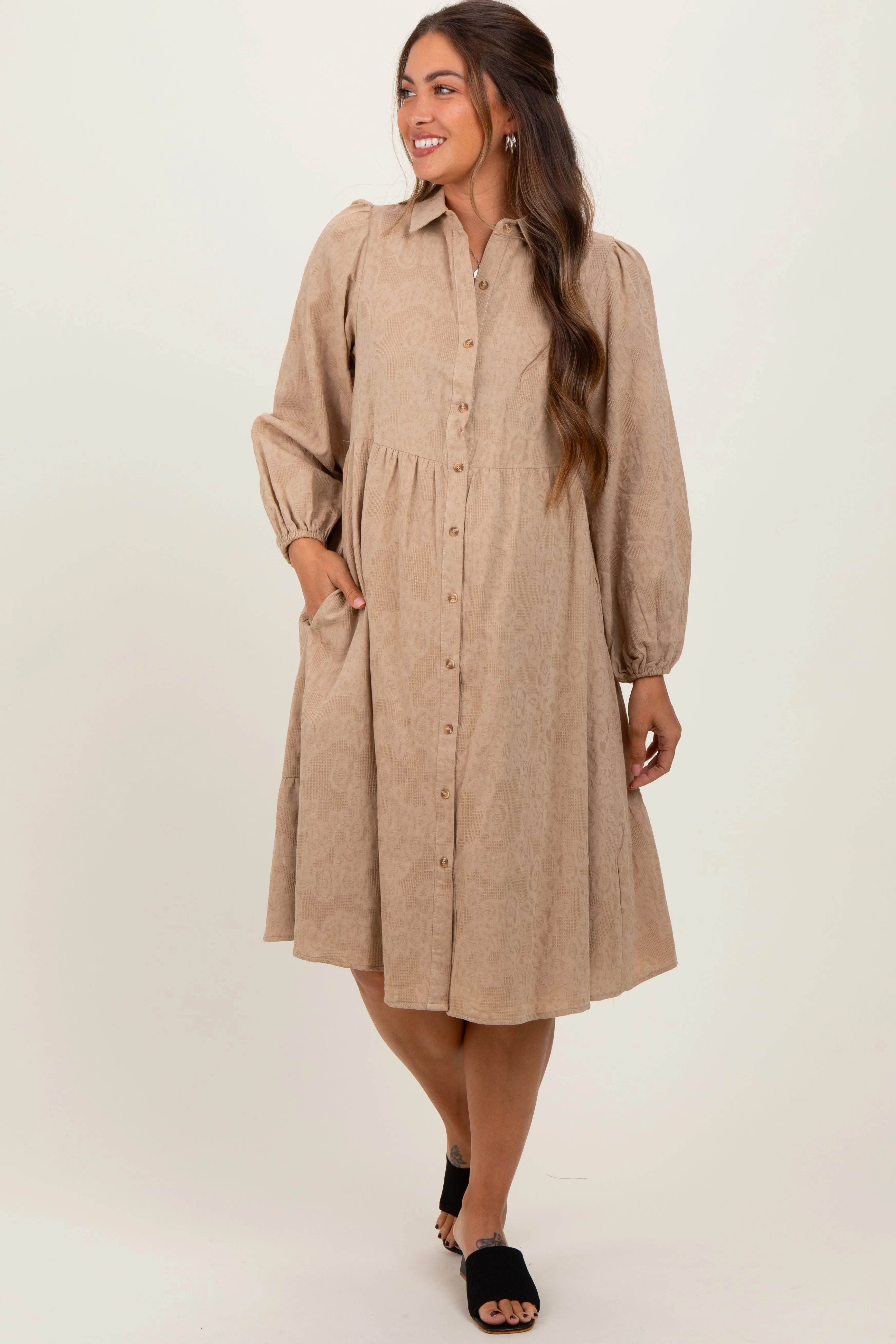 Camel Tiered Button Down Maternity Shirt Dress sold by Pinkblush