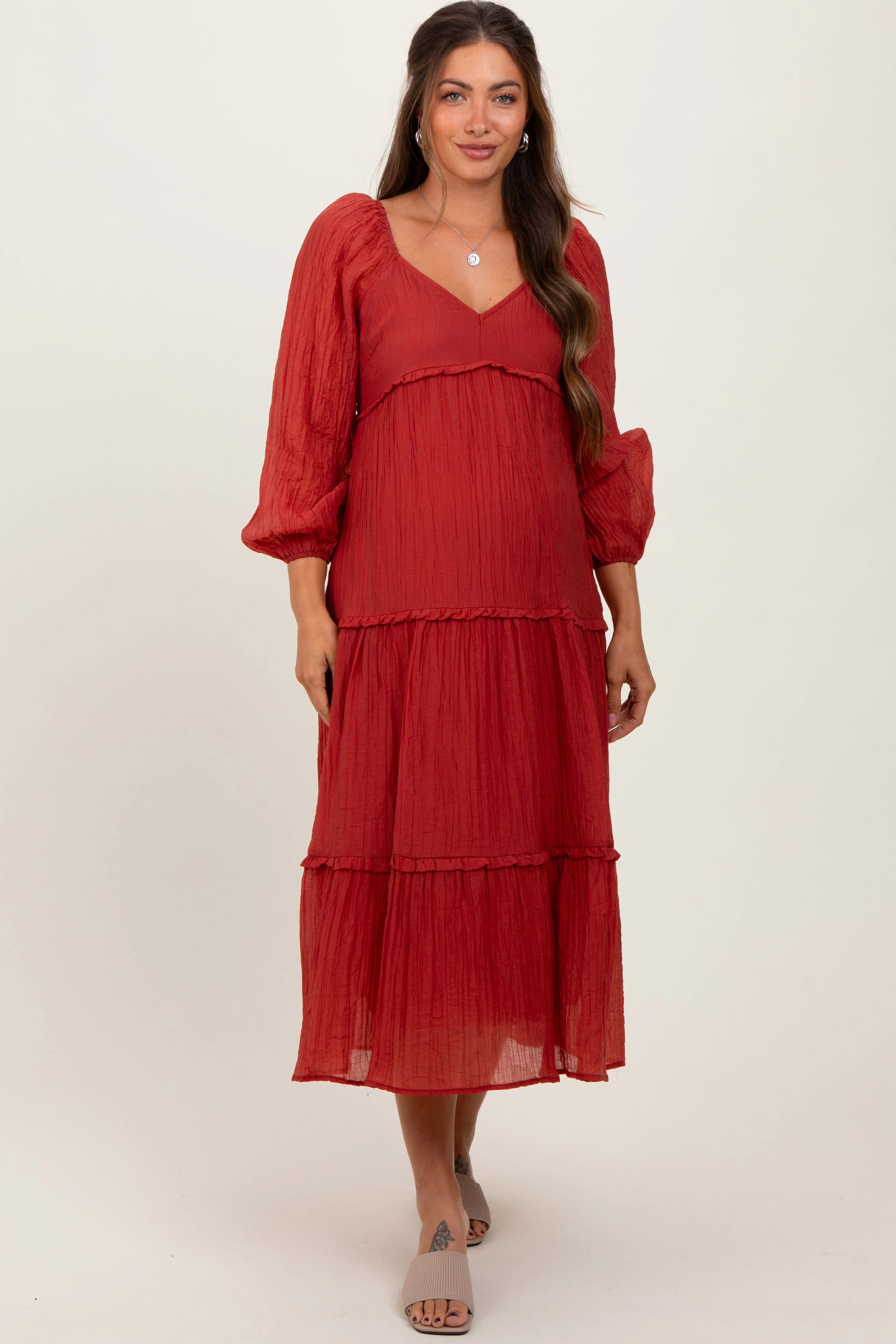 Rust Ruffle Accent Tiered Long Sleeve Maternity Maxi Dress sold by Pinkblush product image thumbnail 2