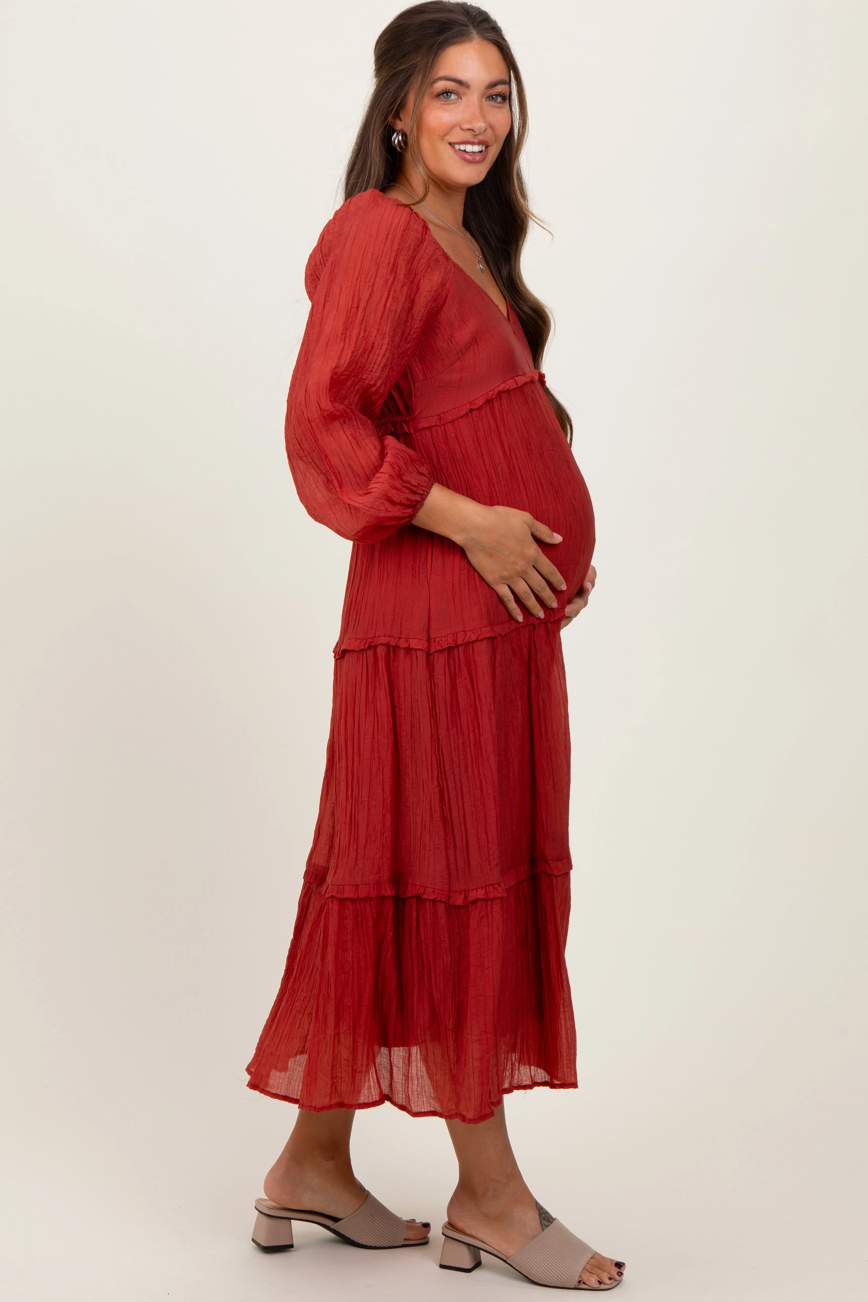 Rust Ruffle Accent Tiered Long Sleeve Maternity Maxi Dress sold by Pinkblush product image thumbnail 3