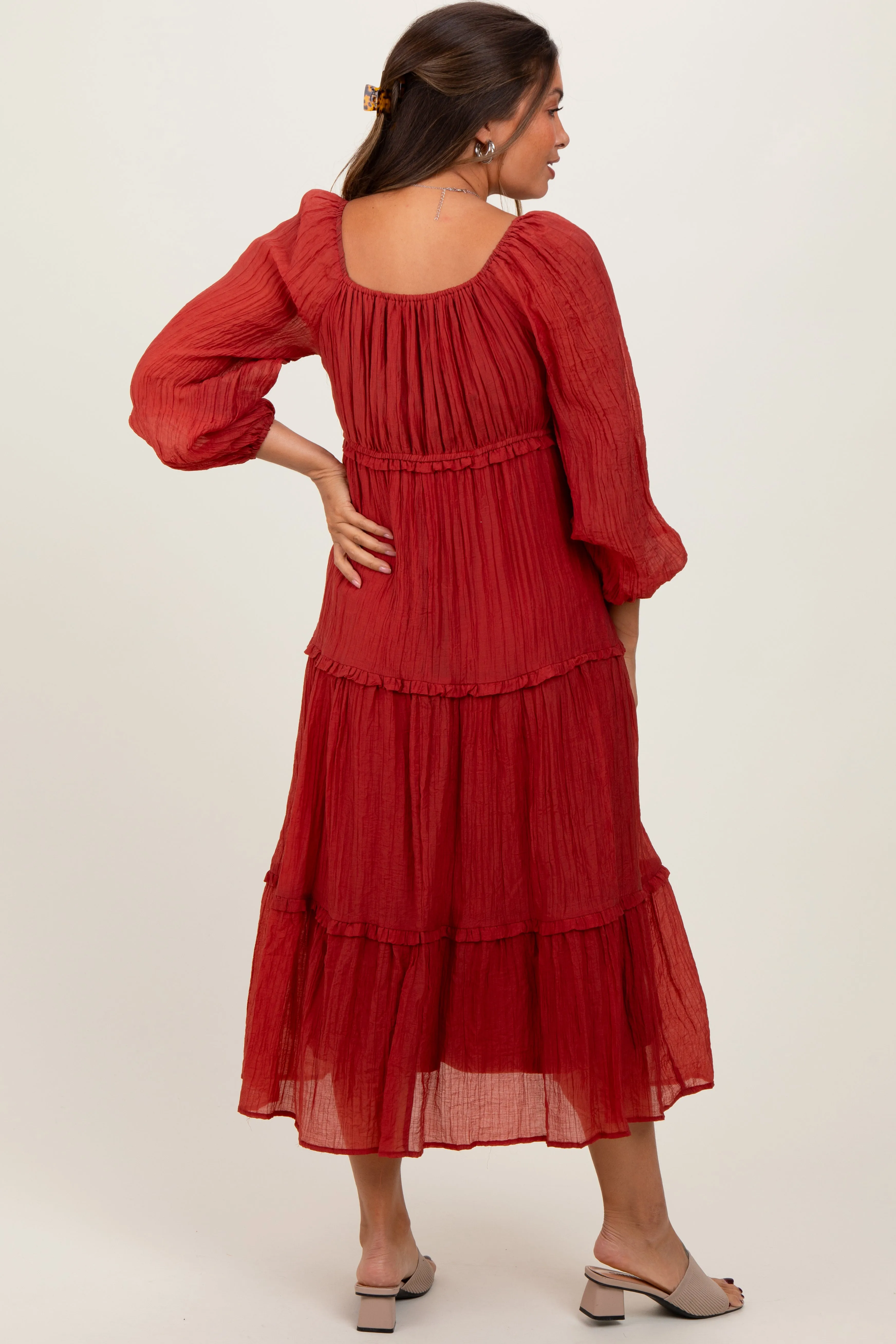 Rust Ruffle Accent Tiered Long Sleeve Maternity Maxi Dress sold by Pinkblush product image thumbnail 4