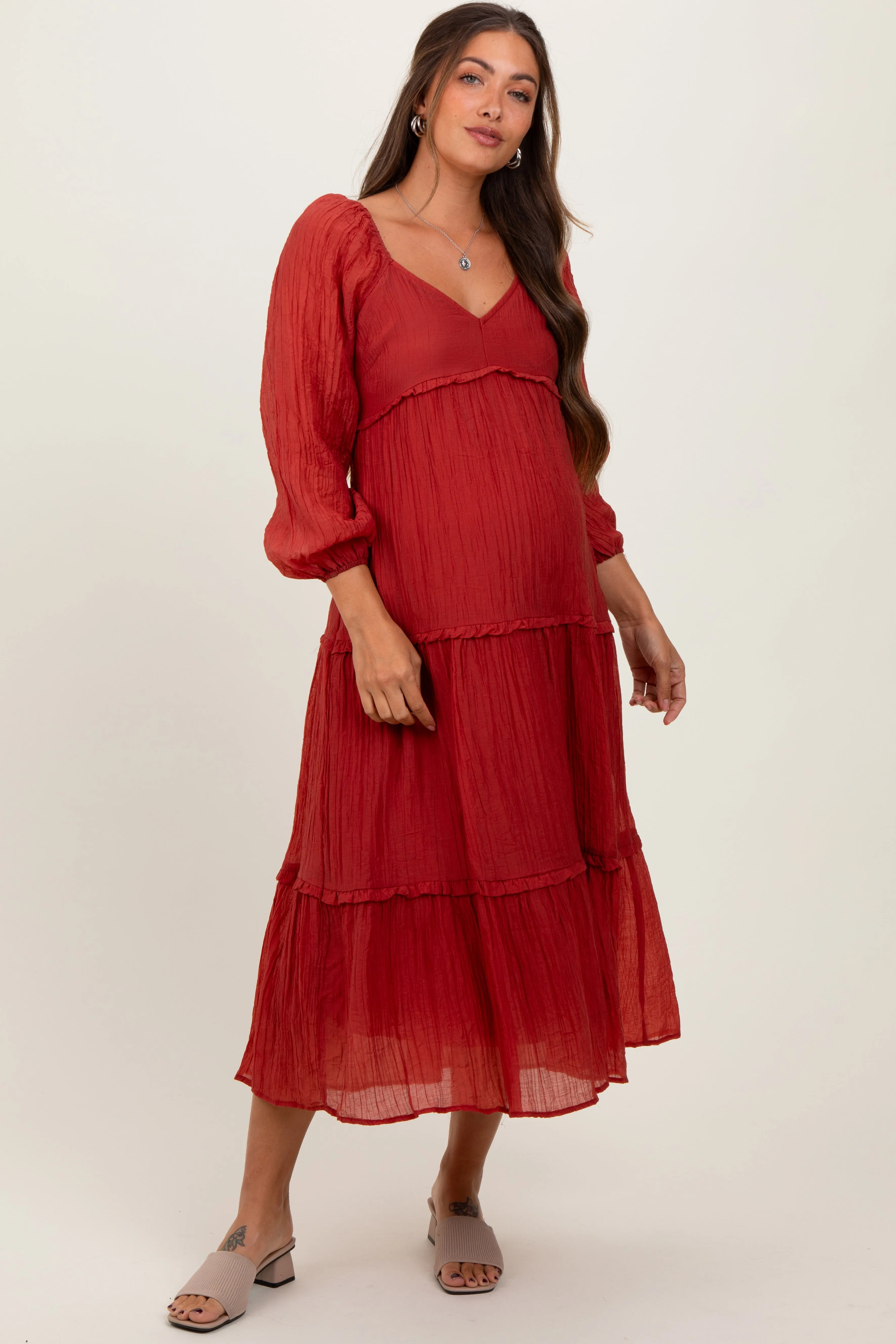 Rust Ruffle Accent Tiered Long Sleeve Maternity Maxi Dress sold by Pinkblush