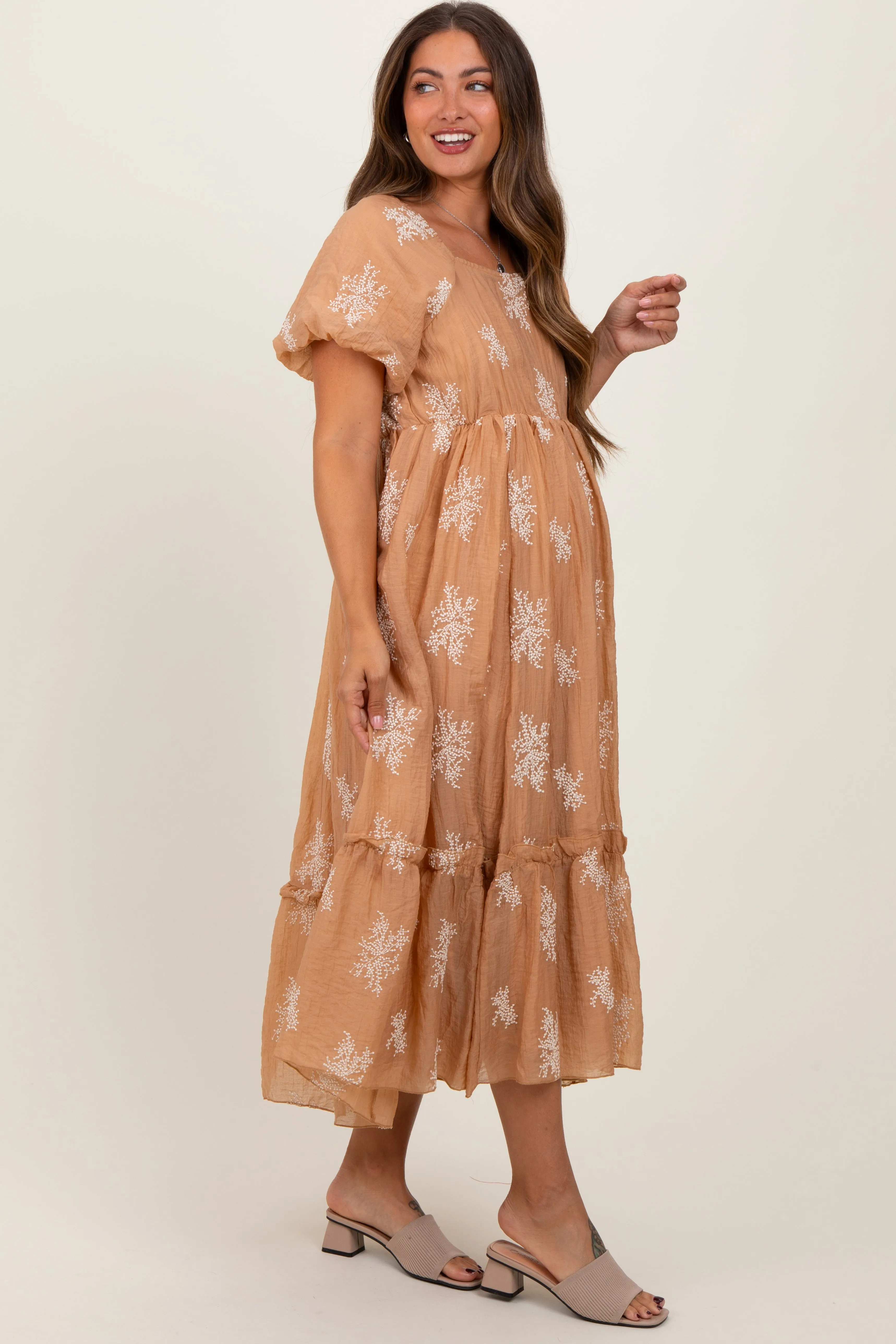 Camel Floral Print Ruffle Hem Maternity Midi Dress sold by Pinkblush product image thumbnail 2