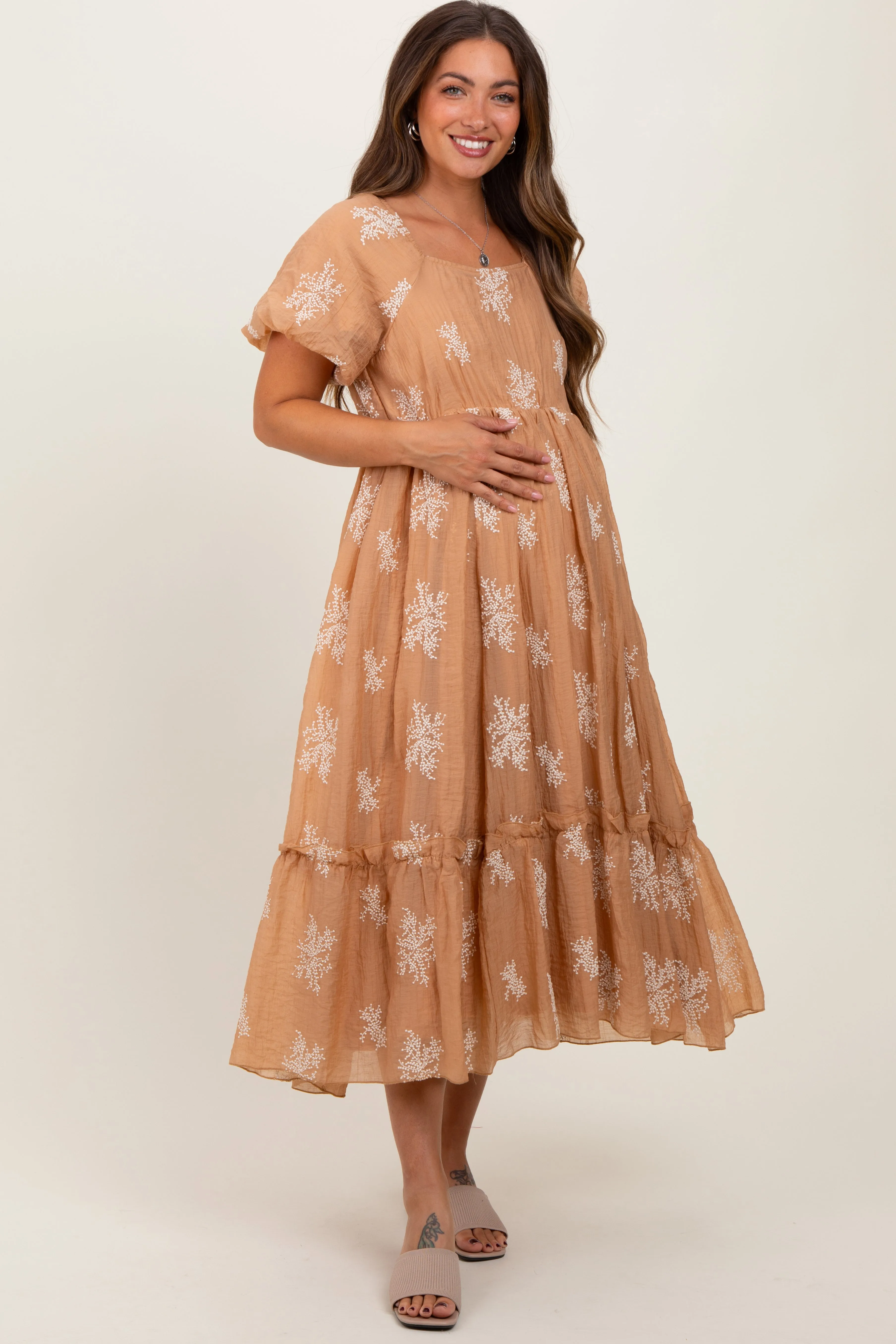 Camel Floral Print Ruffle Hem Maternity Midi Dress sold by Pinkblush product image thumbnail 3