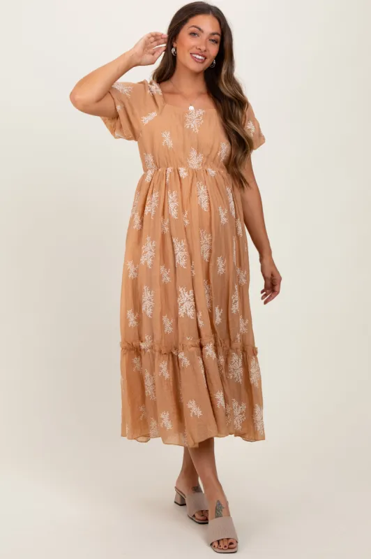 Camel Floral Print Ruffle Hem Maternity Midi Dress sold by Pinkblush