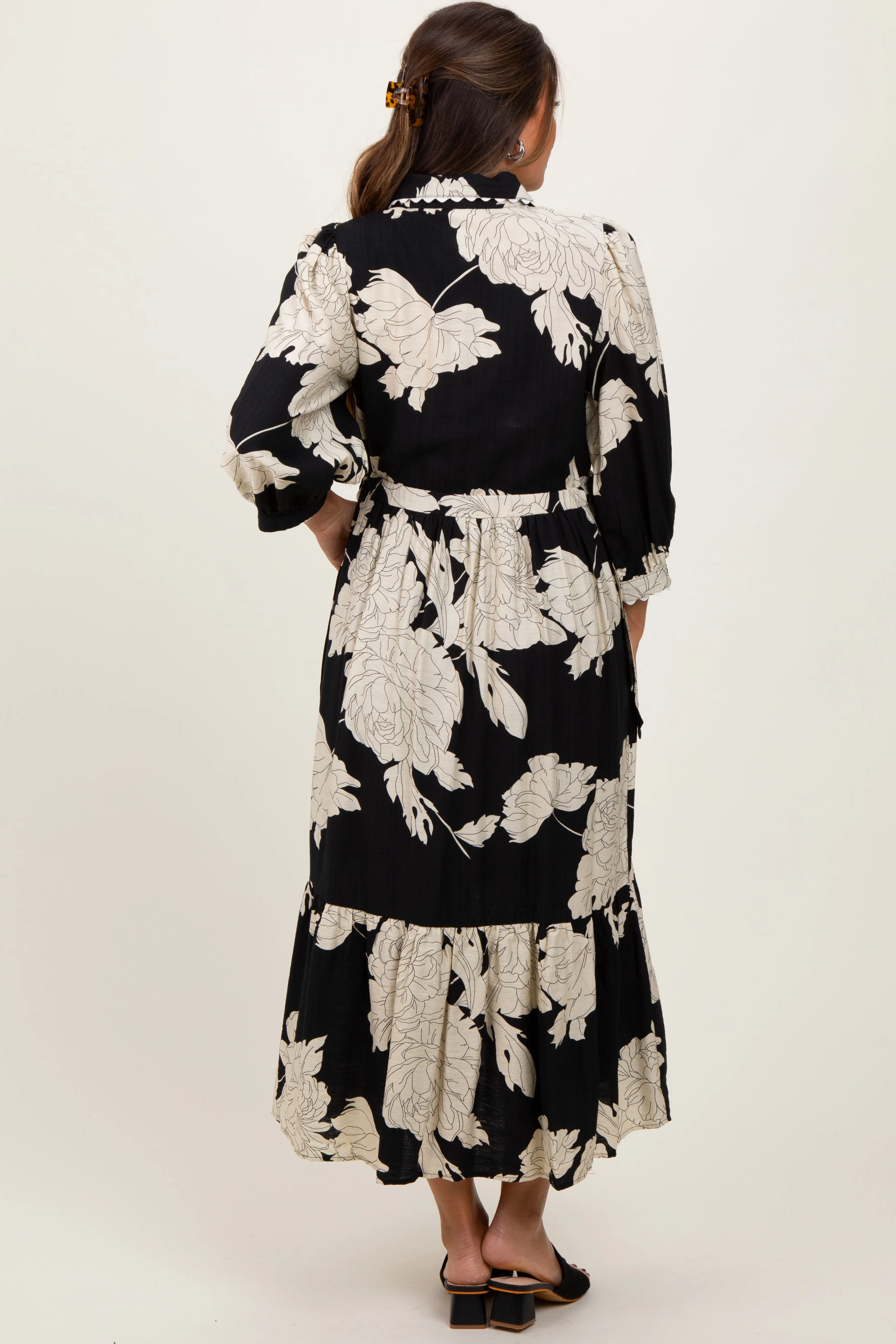 Black Floral Print Cinched Tie Waist Maternity Shirt Dress sold by Pinkblush product image thumbnail 3