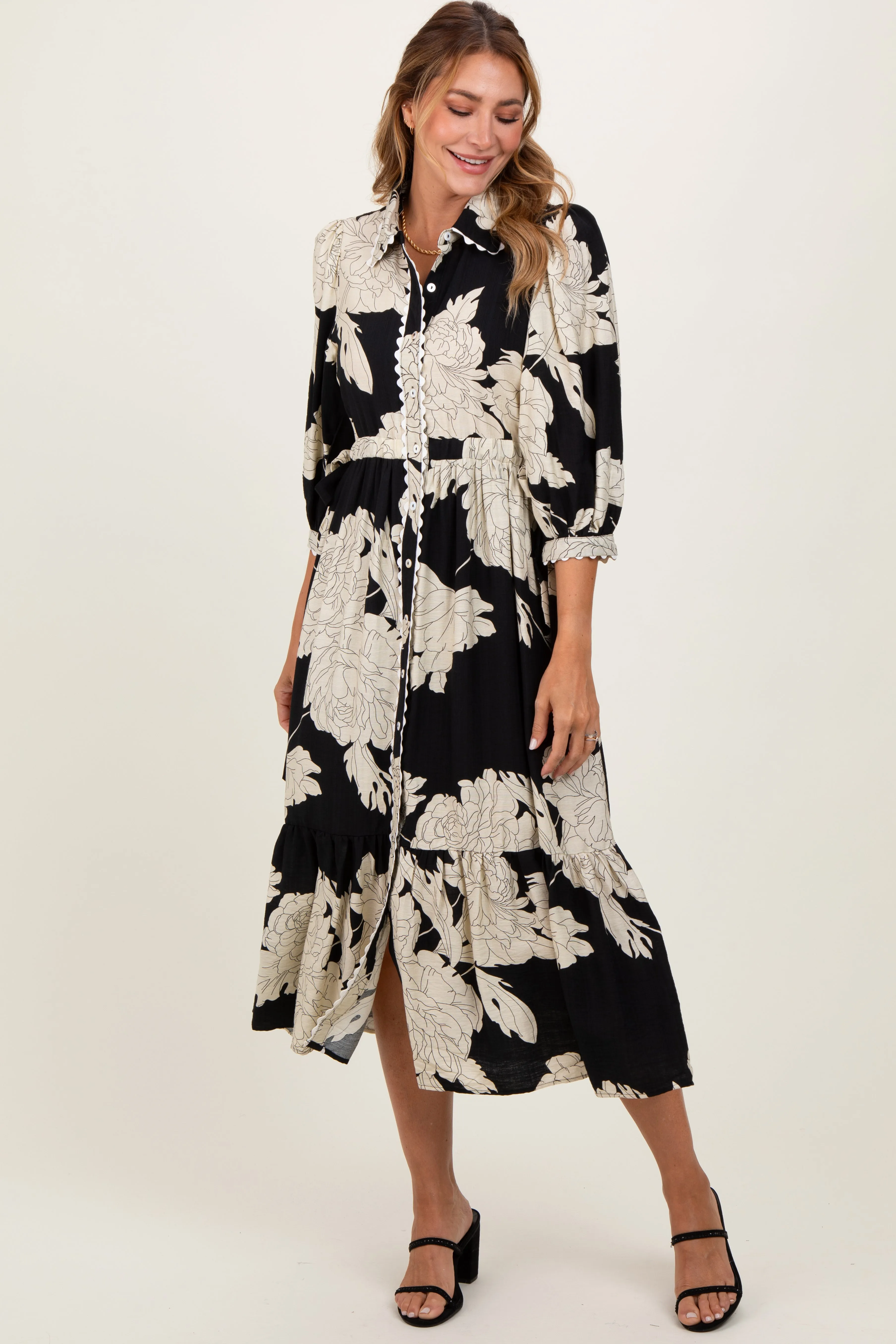 Black Floral Print Cinched Tie Waist Maternity Shirt Dress sold by Pinkblush product image thumbnail 4