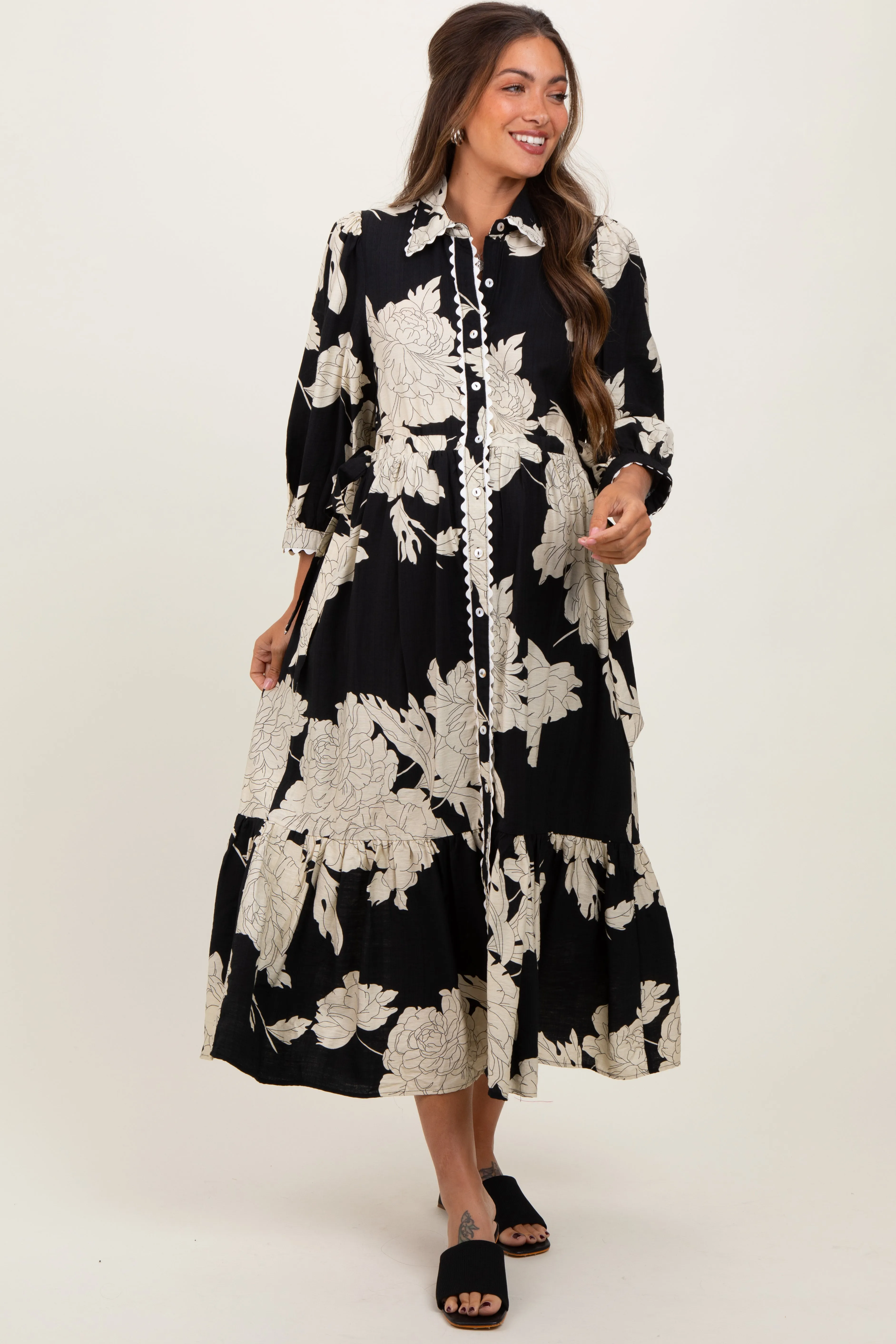 Black Floral Print Cinched Tie Waist Maternity Shirt Dress sold by Pinkblush
