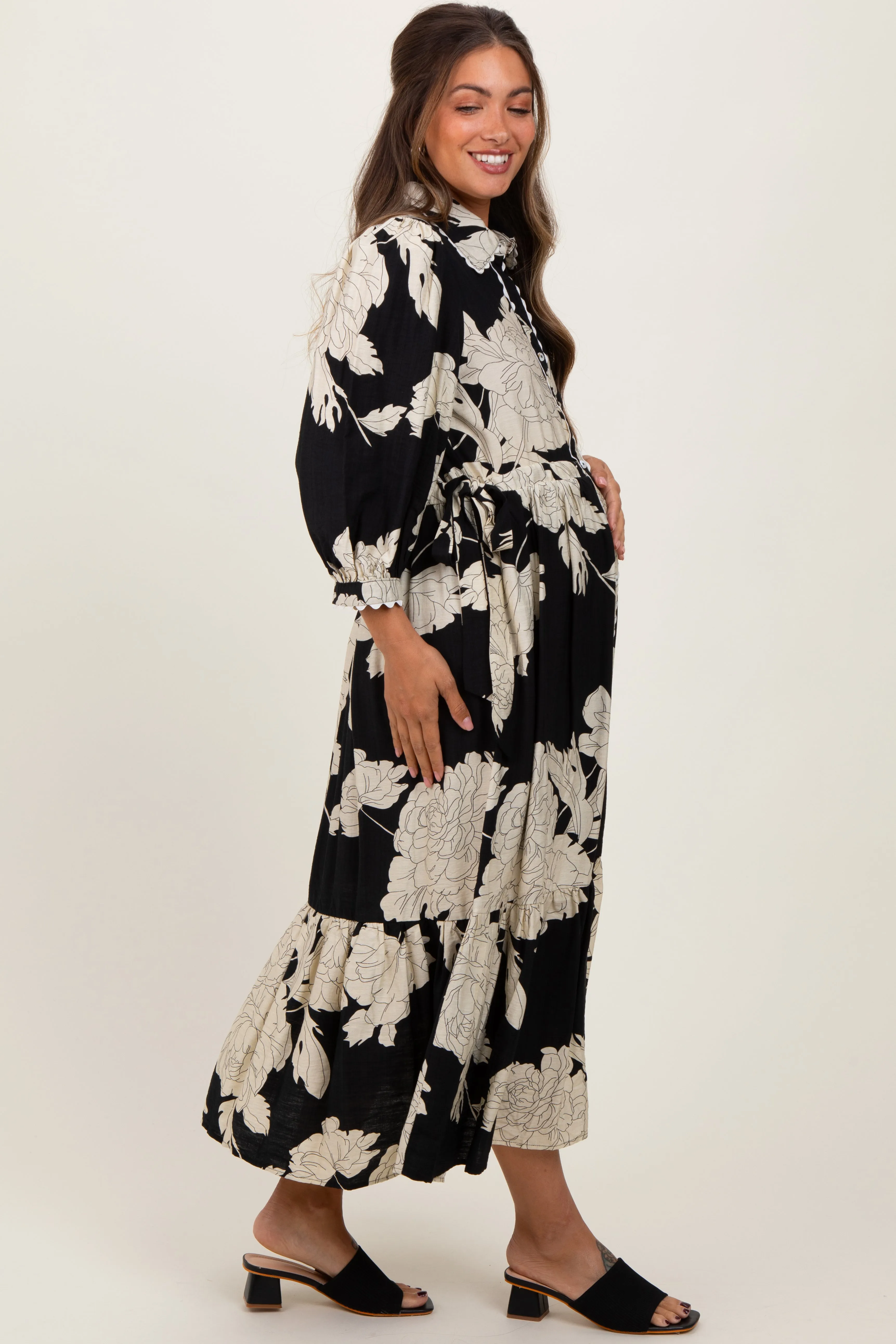 Black Floral Print Cinched Tie Waist Maternity Shirt Dress sold by Pinkblush product image thumbnail 2