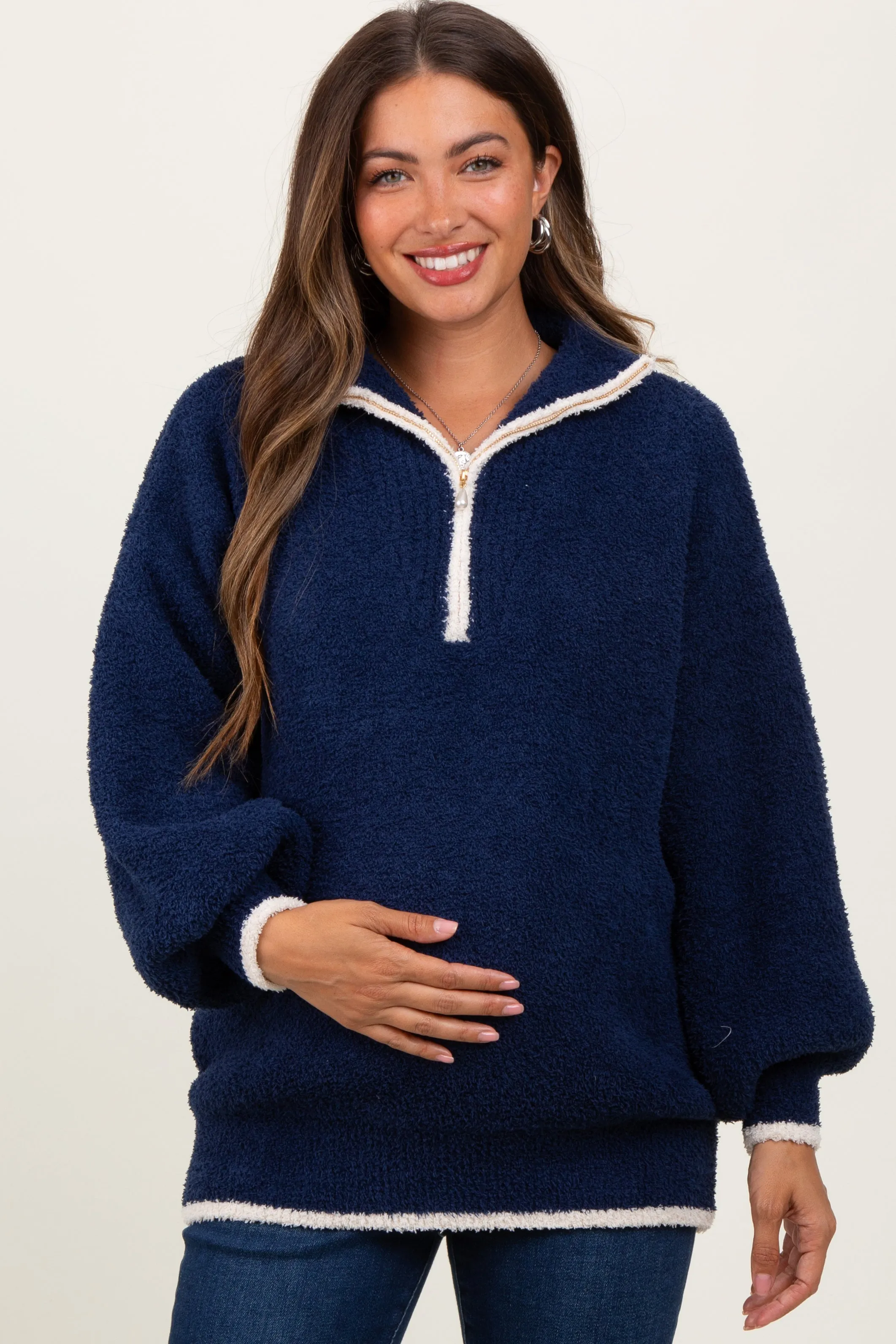 Navy Soft Fuzzy Knit Quarter Zip Maternity Pullover Sweater sold by Pinkblush