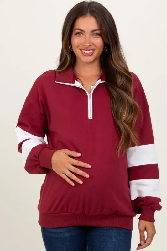 Burgundy Half Zip Stripe Sleeve Maternity Pullover sold by Pinkblush