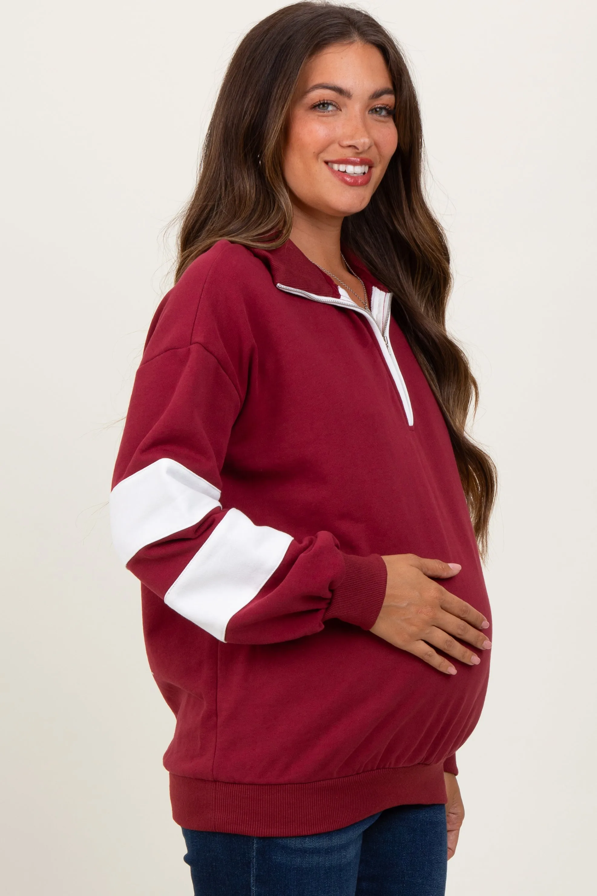Burgundy Half Zip Stripe Sleeve Maternity Pullover sold by Pinkblush product image thumbnail 2