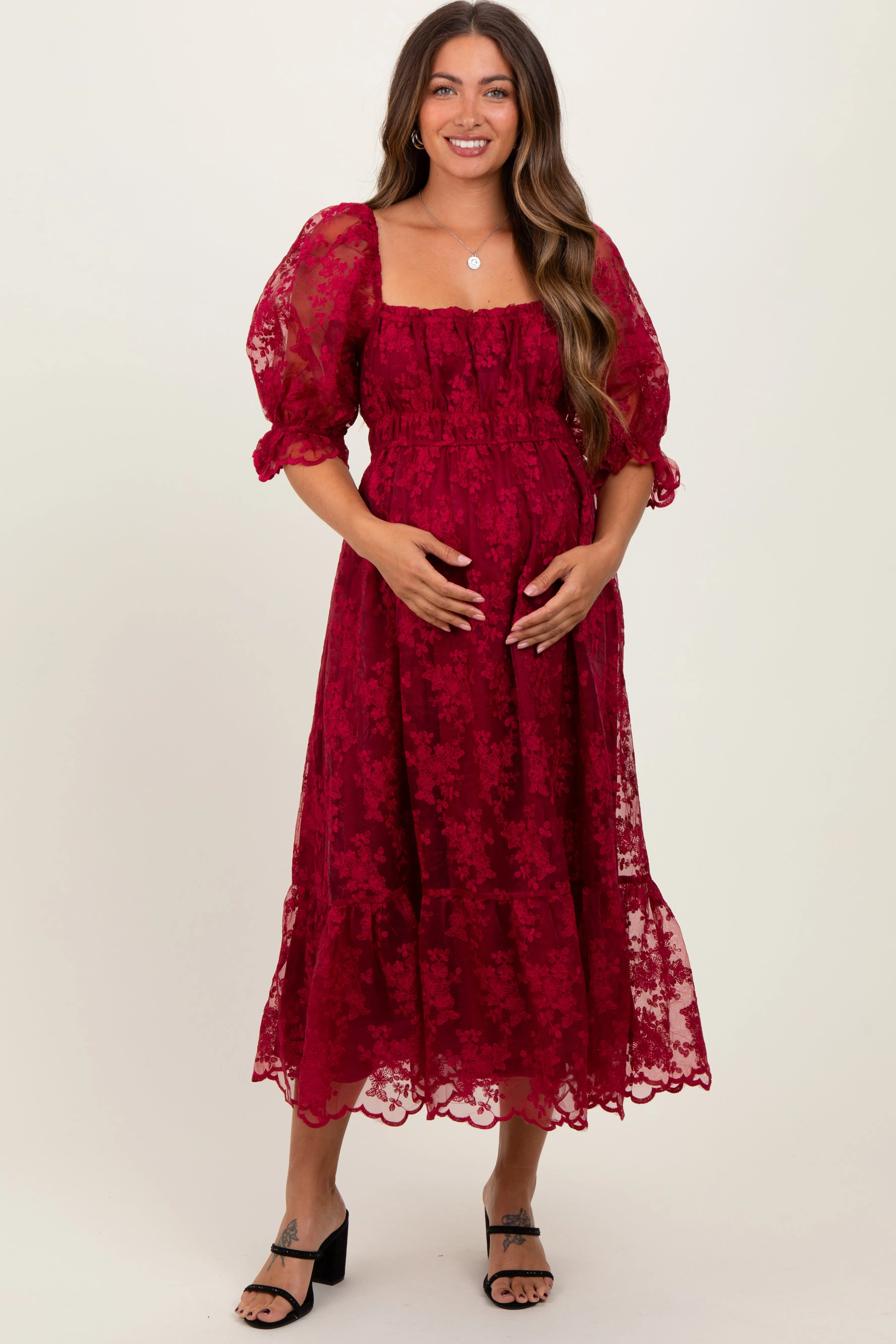 Burgundy Floral Mesh Lace Overlay Maternity Maxi Dress sold by Pinkblush product image thumbnail 2