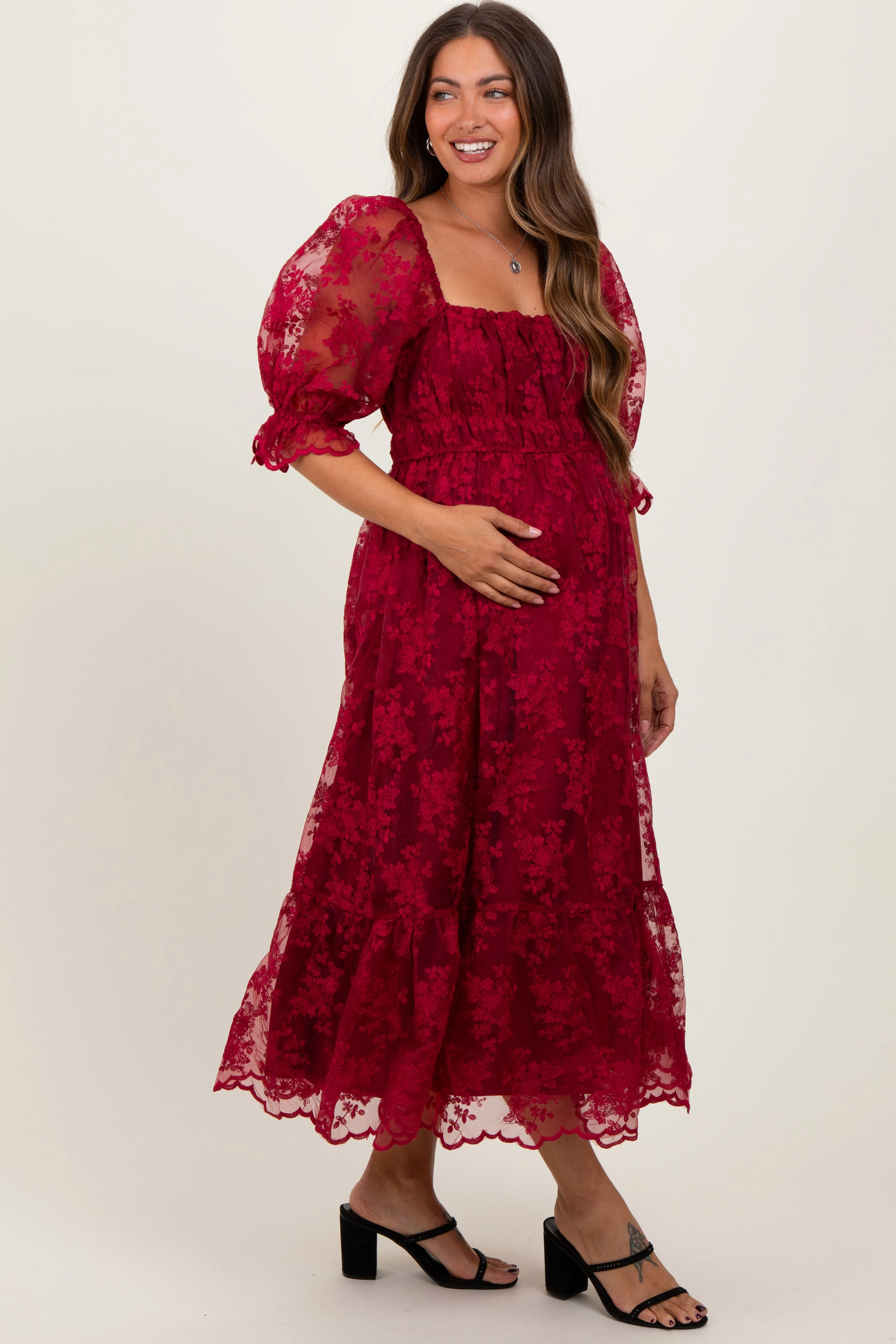 Burgundy Floral Mesh Lace Overlay Maternity Maxi Dress sold by Pinkblush product image thumbnail 3