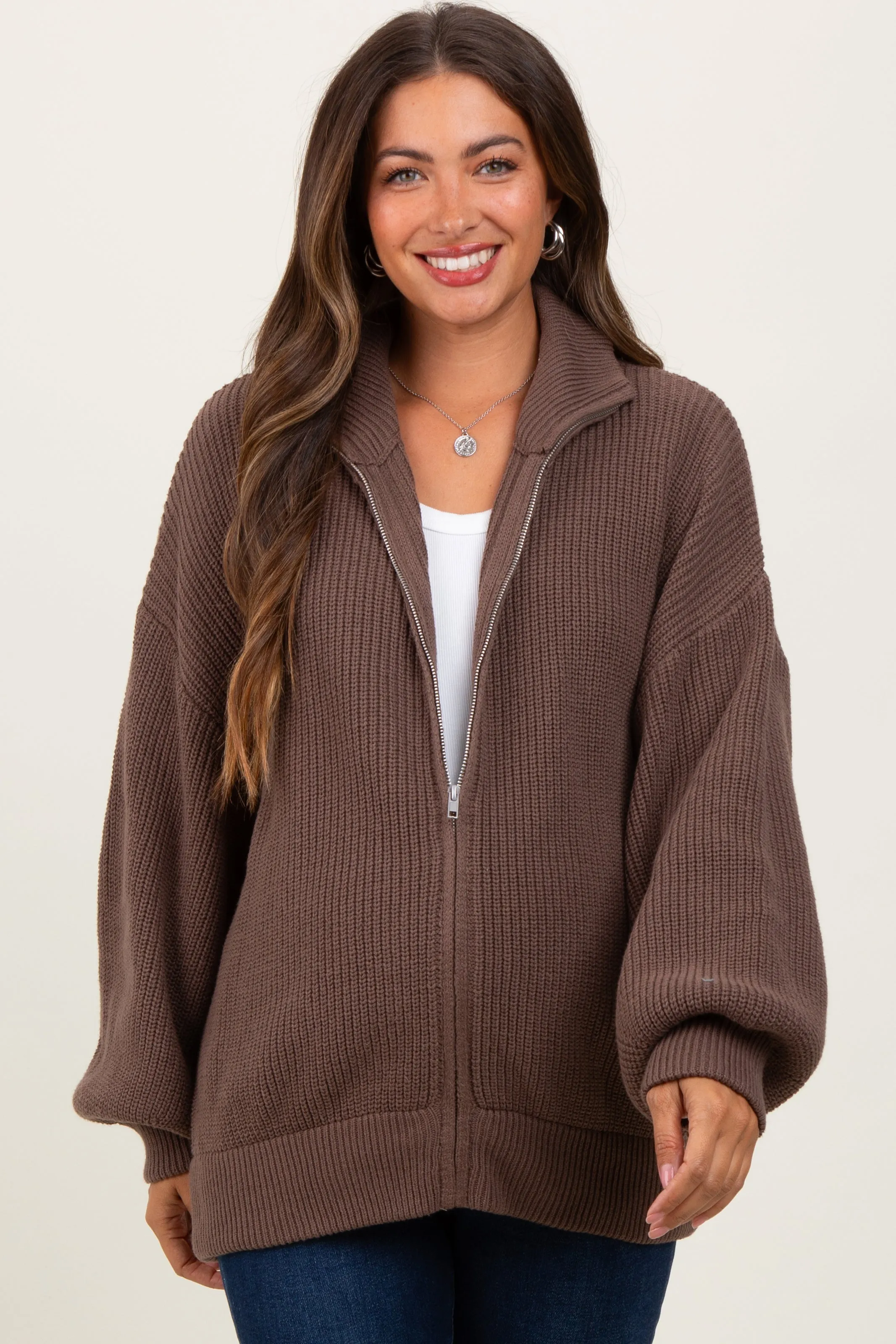 Mocha Oversized Zip Up Maternity Cardigan sold by Pinkblush