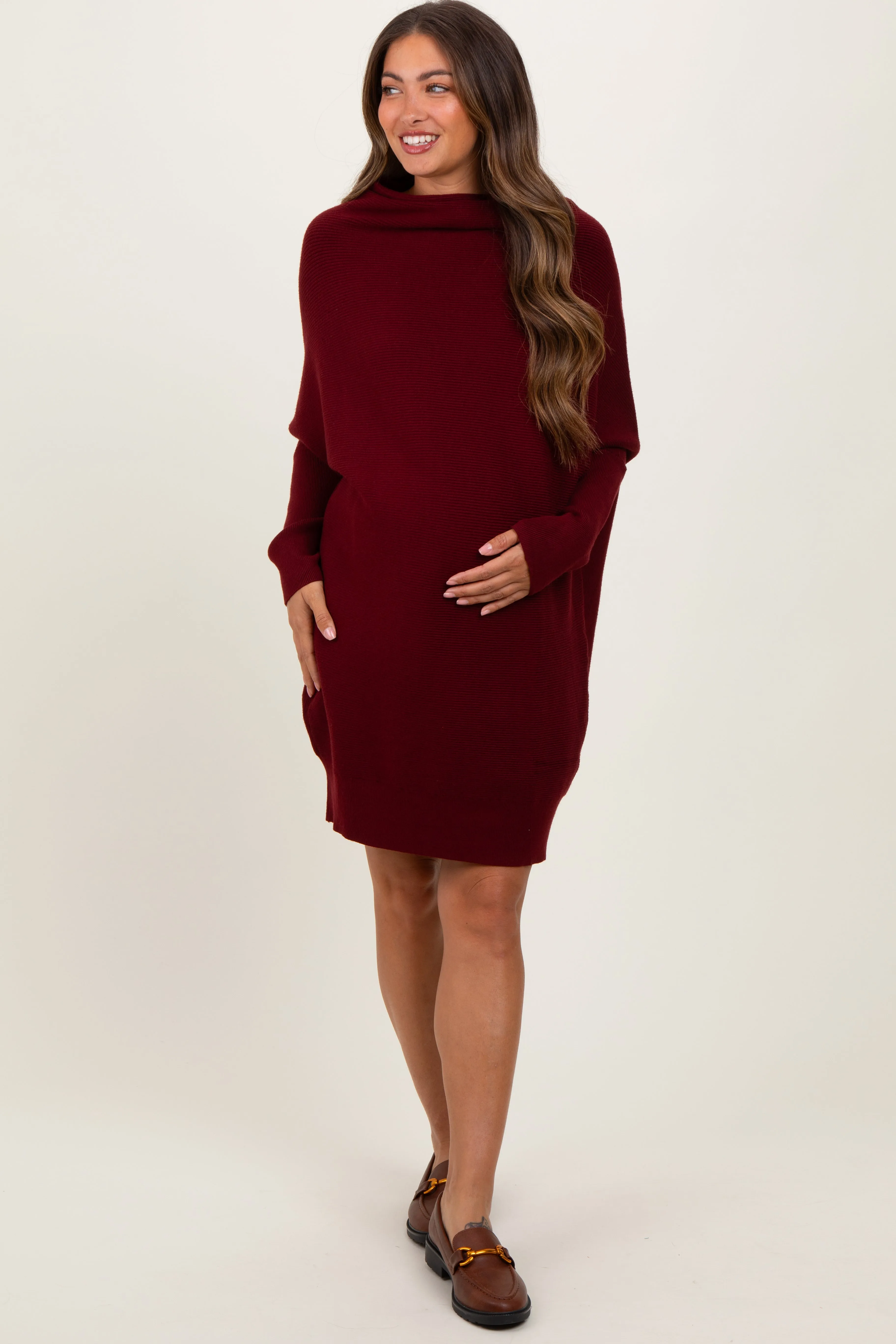 Burgundy Funnel Neck Dolman Sleeve Maternity Mini Dress sold by Pinkblush