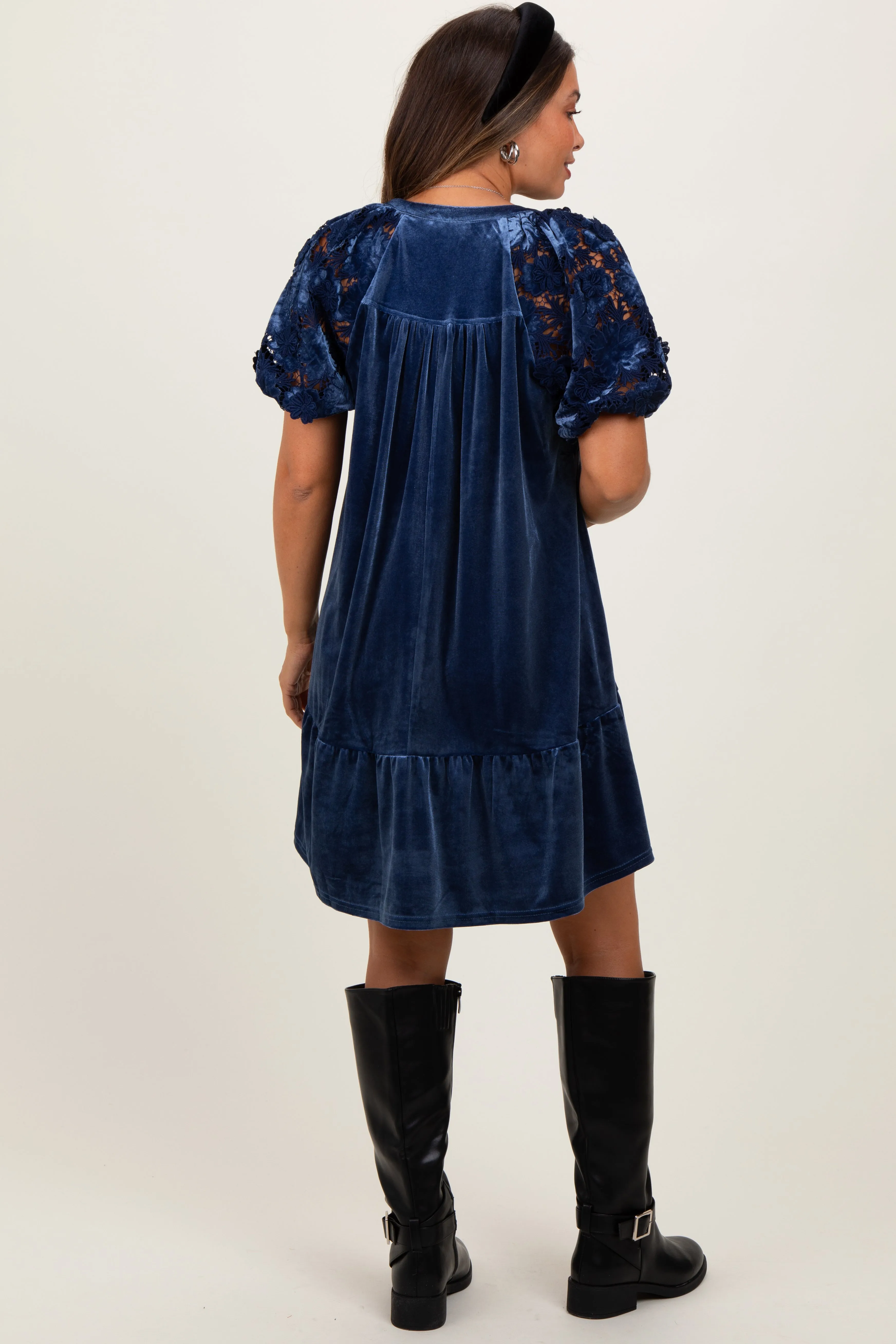 Blue Velvet Floral Lace Short Sleeve Maternity Dress sold by Pinkblush product image thumbnail 3