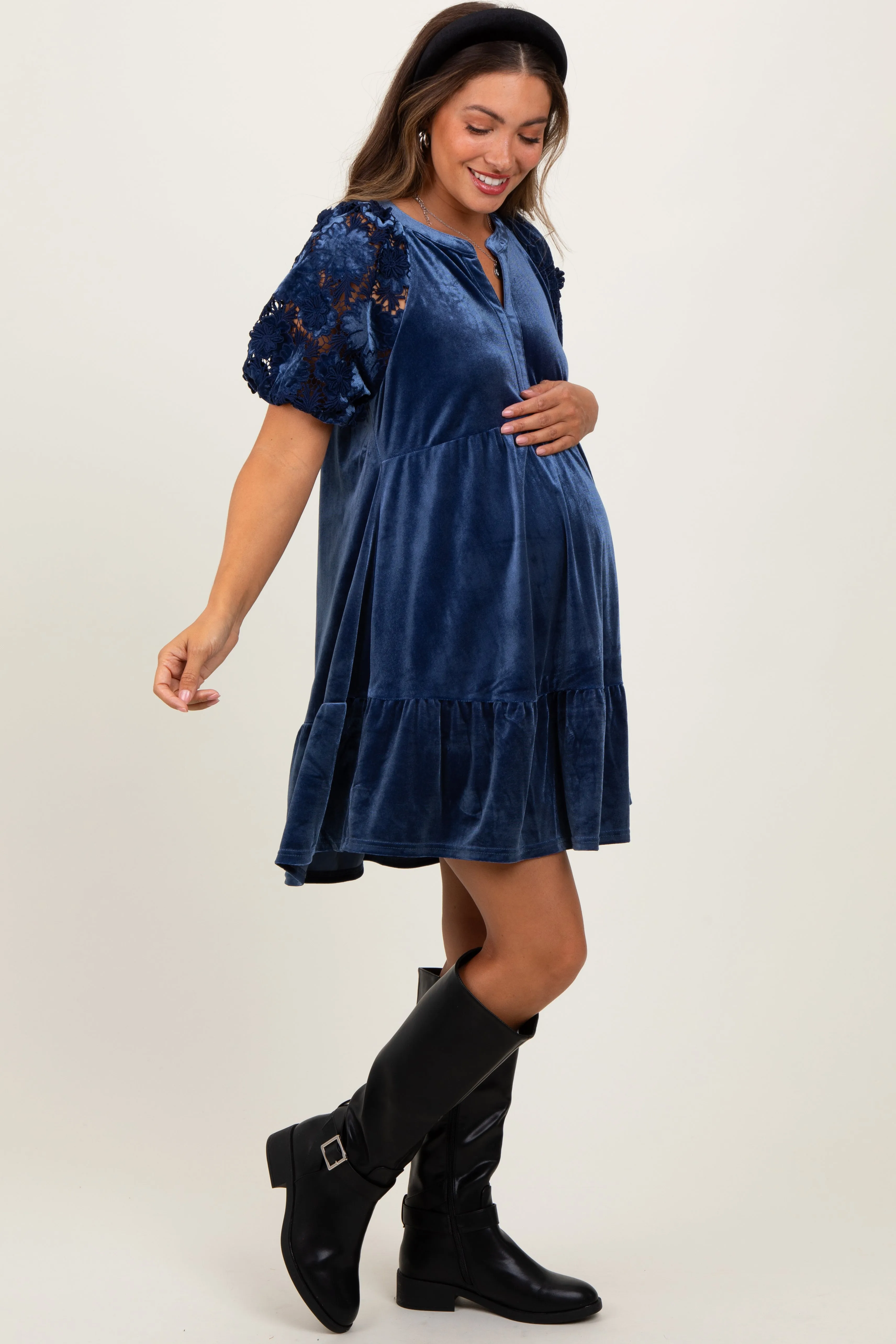 Blue Velvet Floral Lace Short Sleeve Maternity Dress sold by Pinkblush