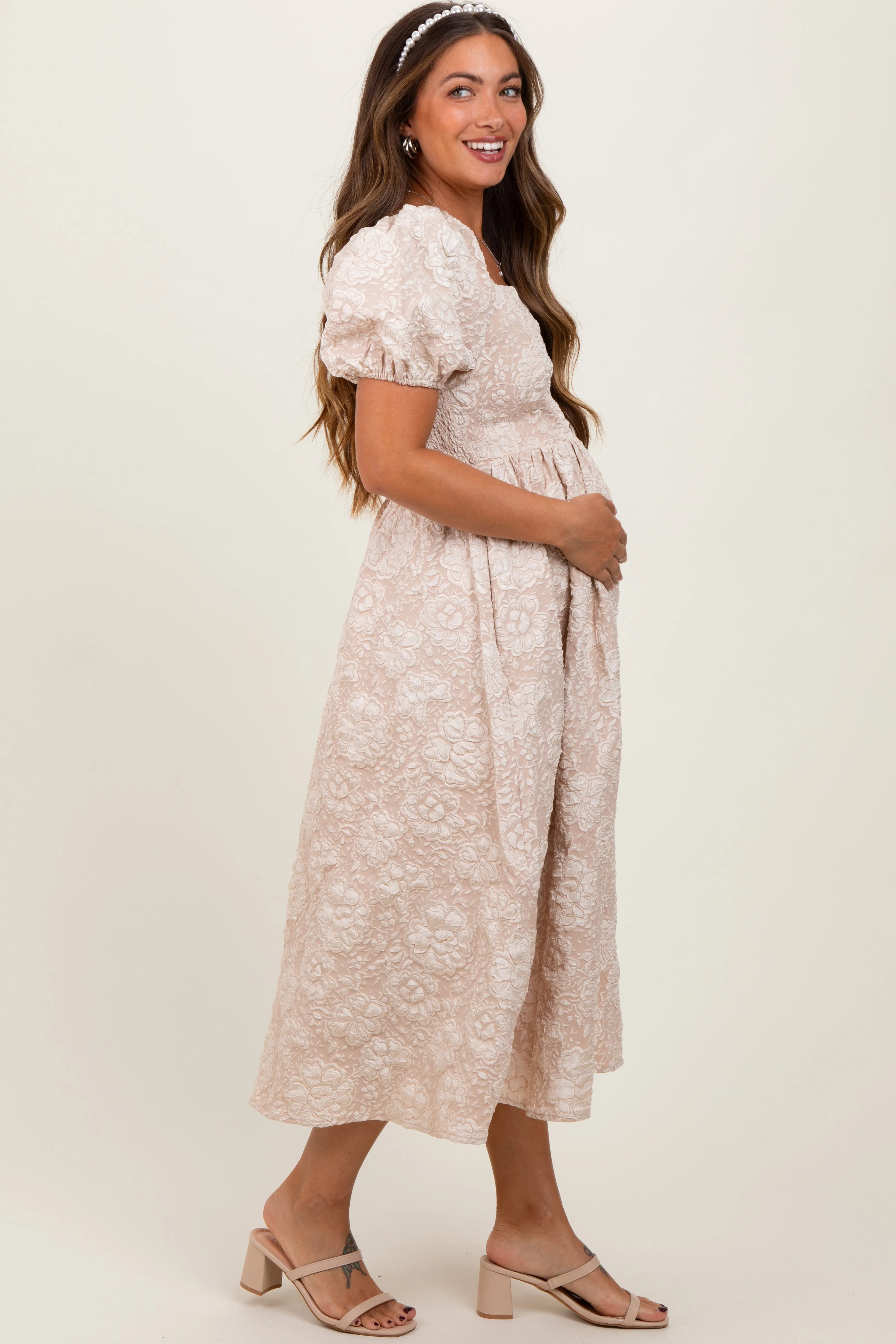 Beige Floral Jacquard Knit Puff Sleeves Maternity Midi Dress sold by Pinkblush product image thumbnail 3