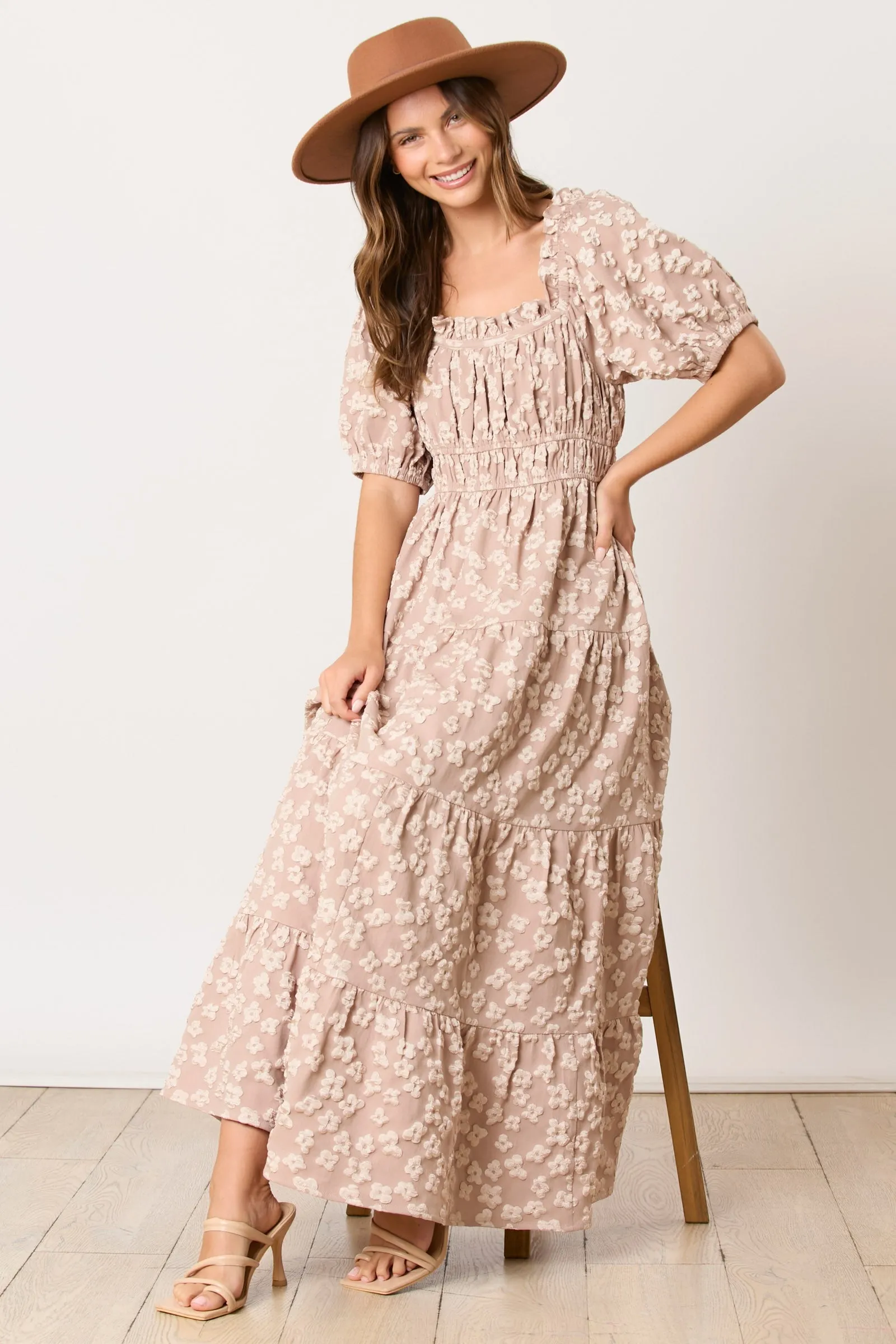 Light Mocha Floral Applique Tiered Maxi Dress sold by Pinkblush product image thumbnail 5