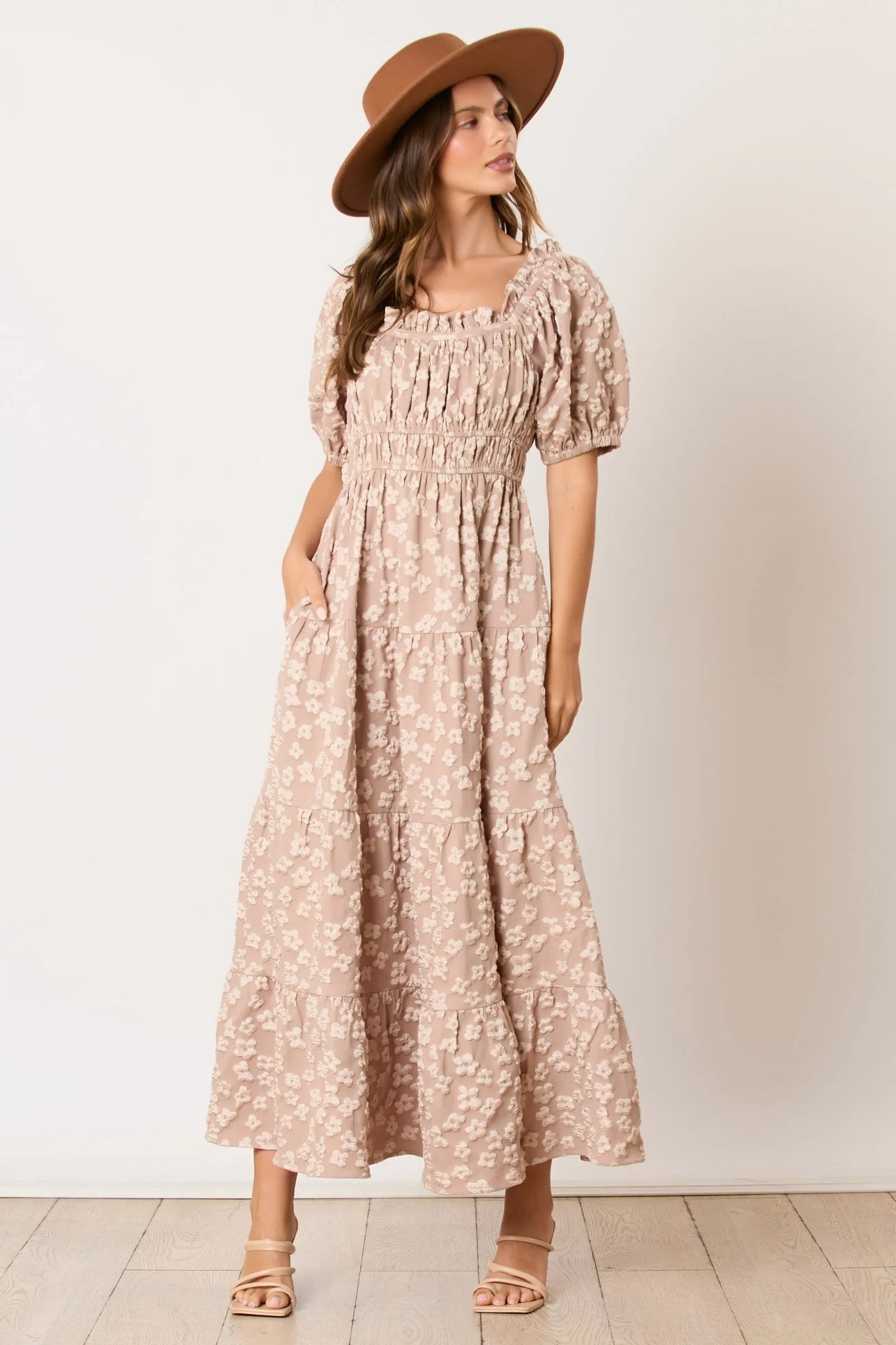 Light Mocha Floral Applique Tiered Maxi Dress sold by Pinkblush product image thumbnail 2