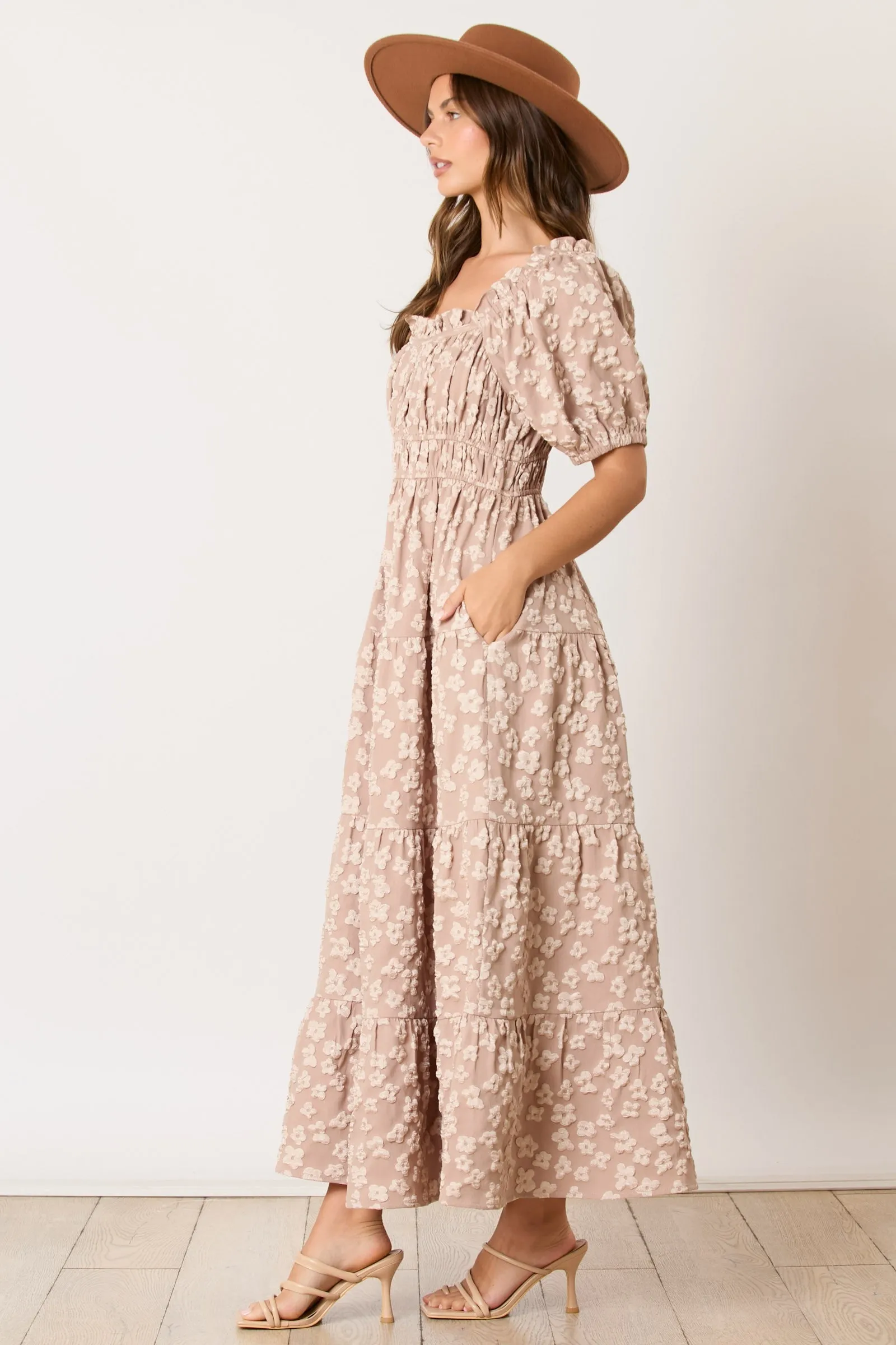 Light Mocha Floral Applique Tiered Maxi Dress sold by Pinkblush product image thumbnail 3