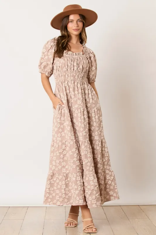 Light Mocha Floral Applique Tiered Maxi Dress sold by Pinkblush