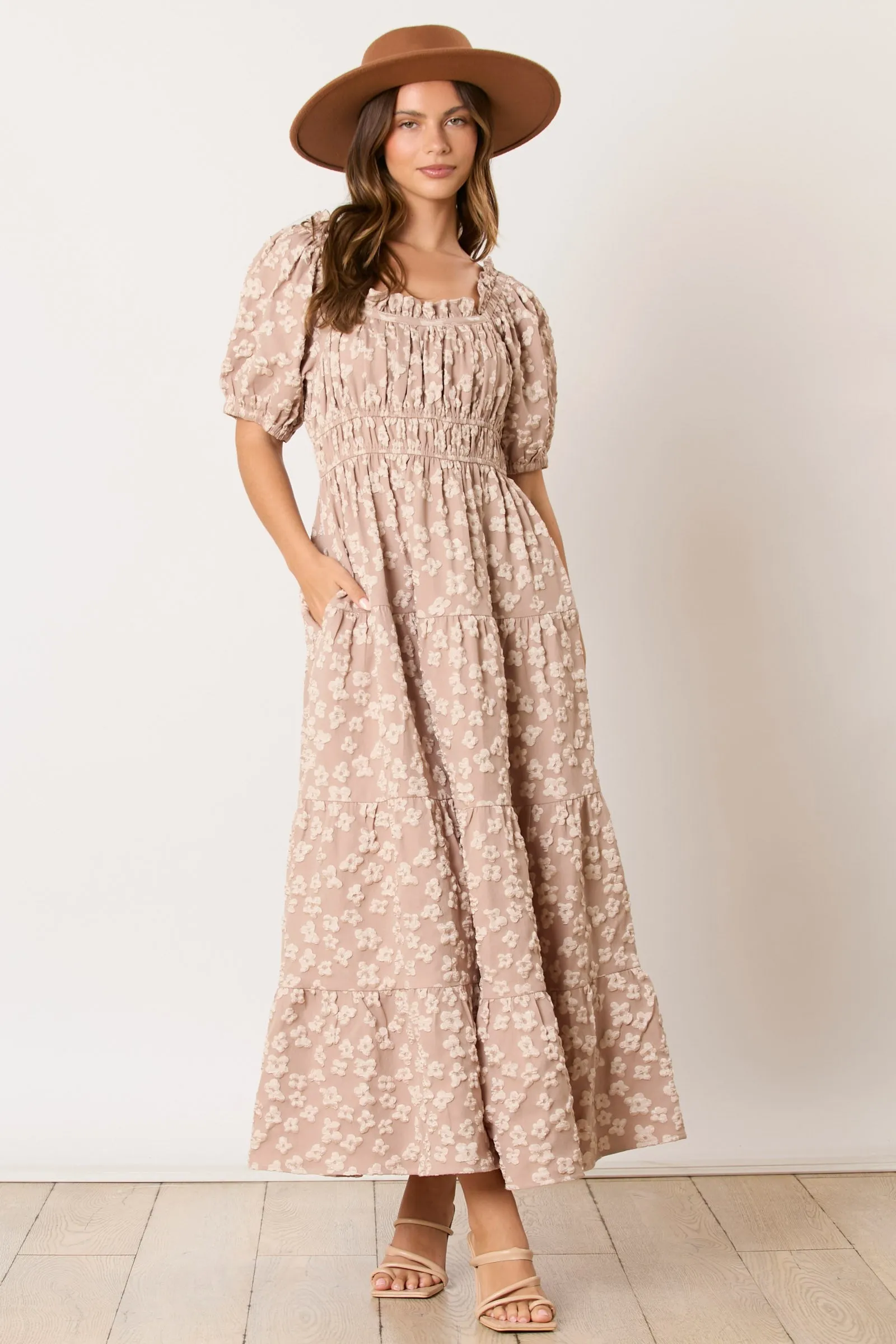 Light Mocha Floral Applique Tiered Maxi Dress sold by Pinkblush