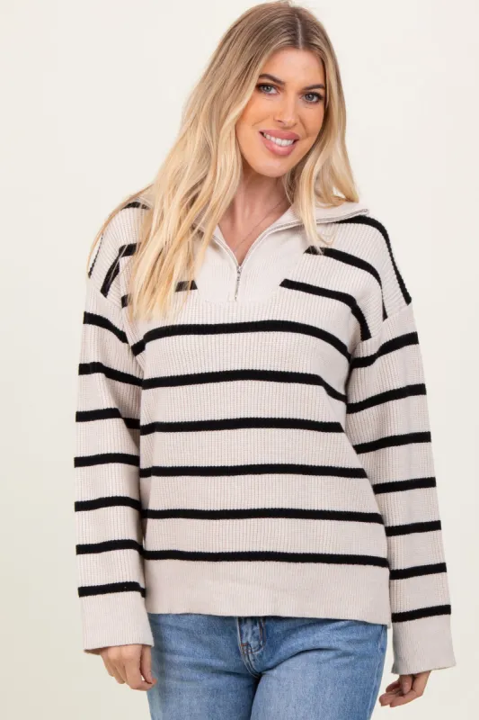Cream Black Striped Knit Half Zip Sweater sold by Pinkblush