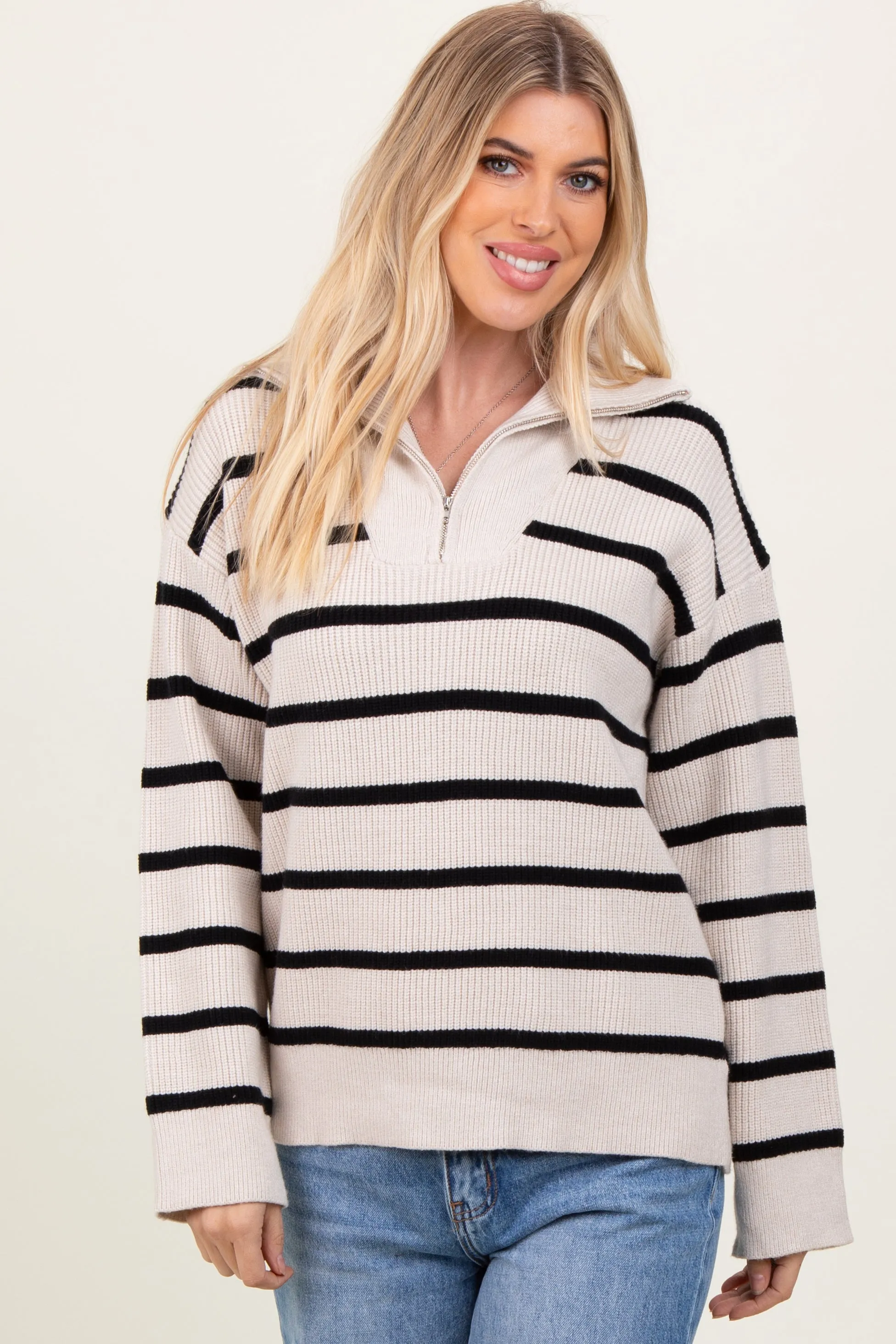 Cream Black Striped Knit Half Zip Sweater sold by Pinkblush