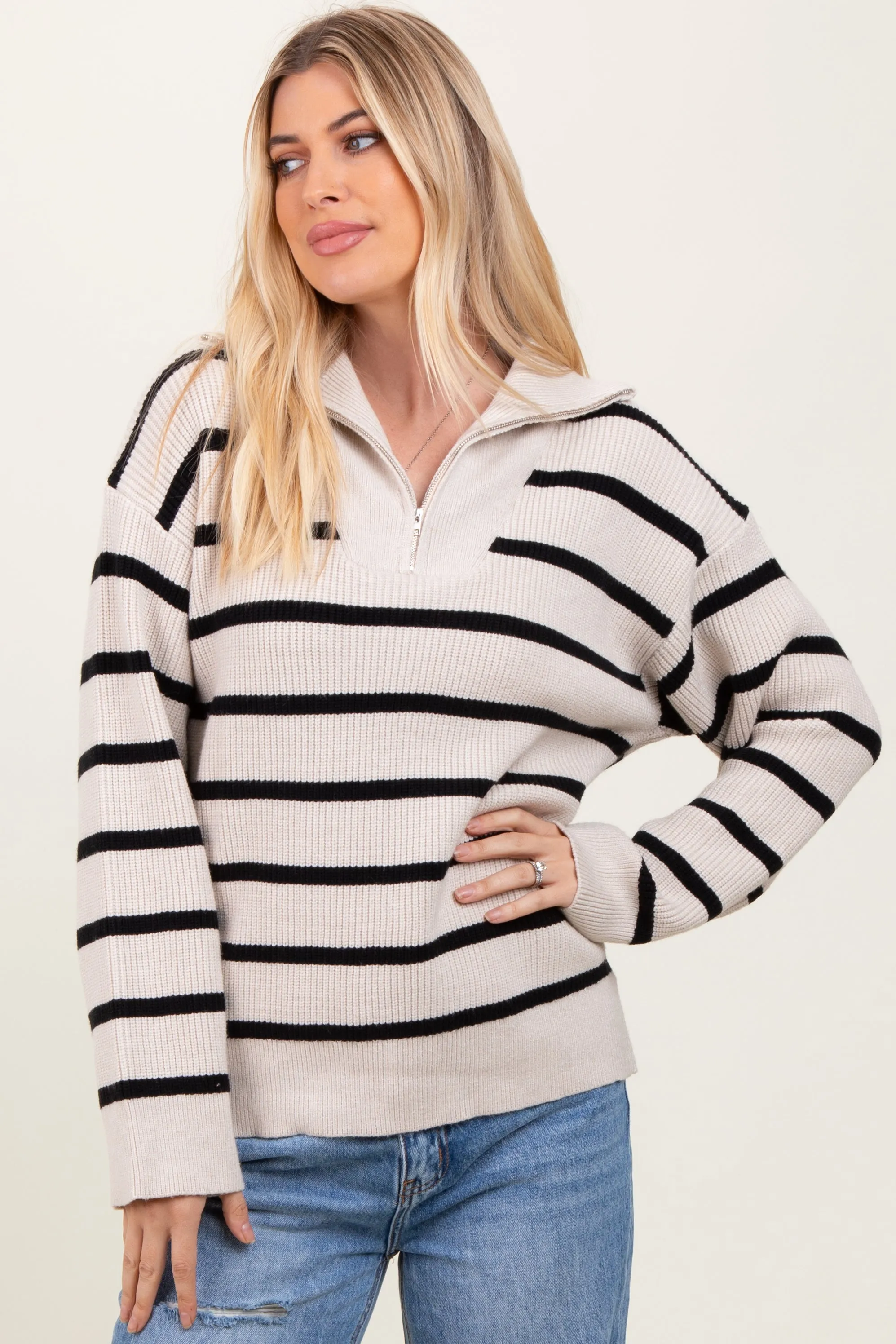 Cream Black Striped Knit Half Zip Sweater sold by Pinkblush product image thumbnail 2