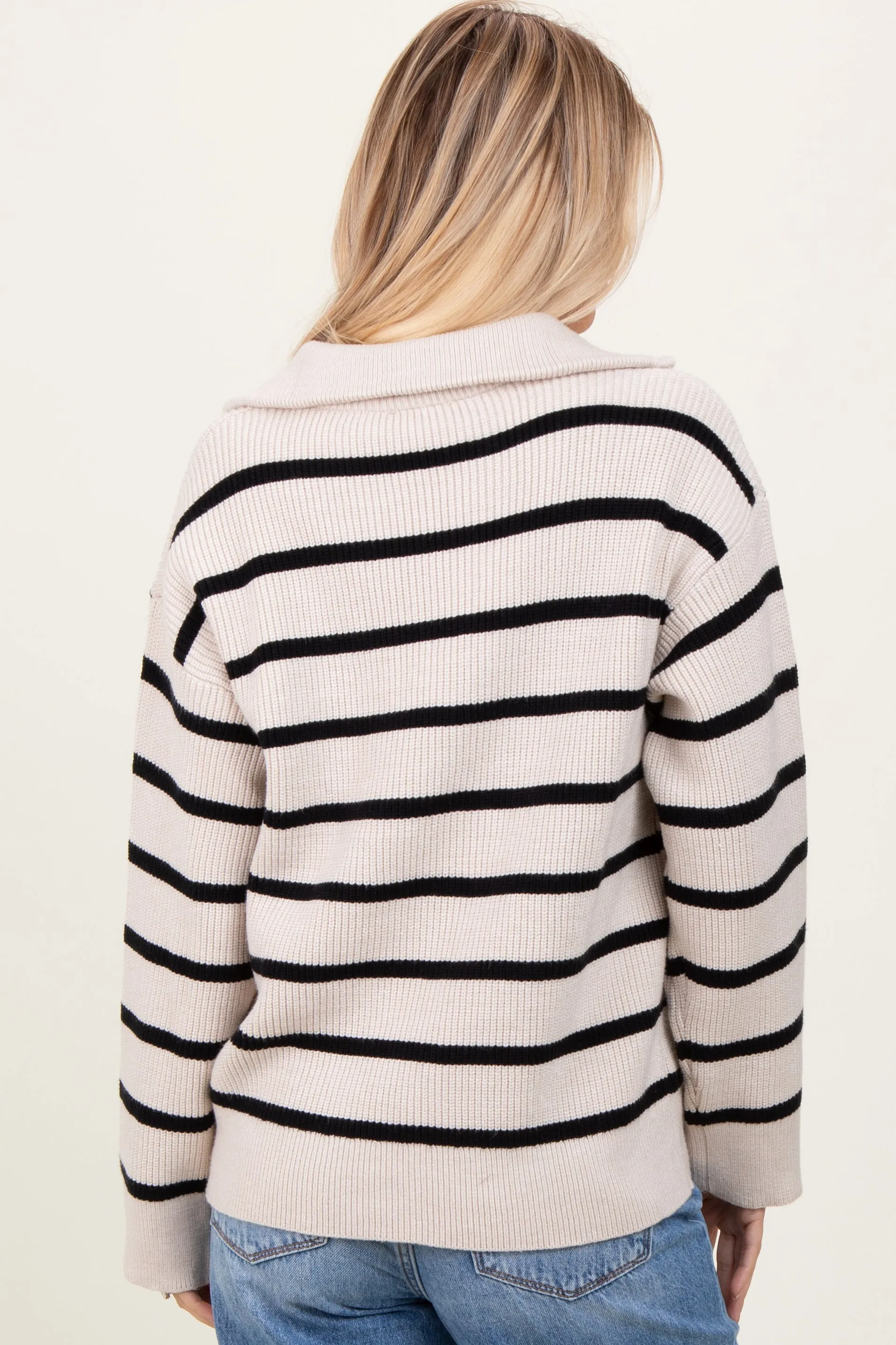Cream Black Striped Knit Half Zip Sweater sold by Pinkblush product image thumbnail 4