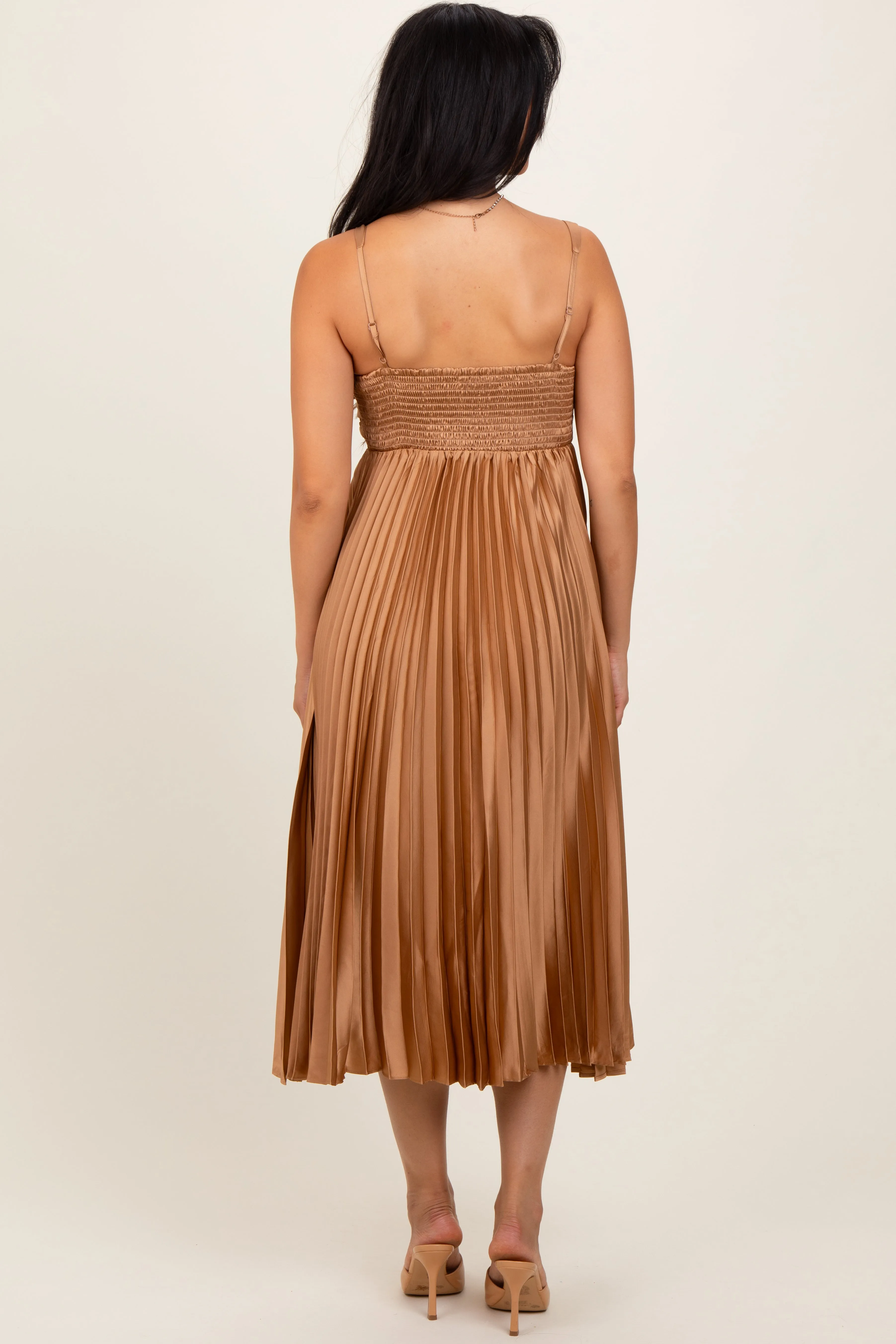 Gold Satin Pleated Sweetheart Midi Dress sold by Pinkblush product image thumbnail 3
