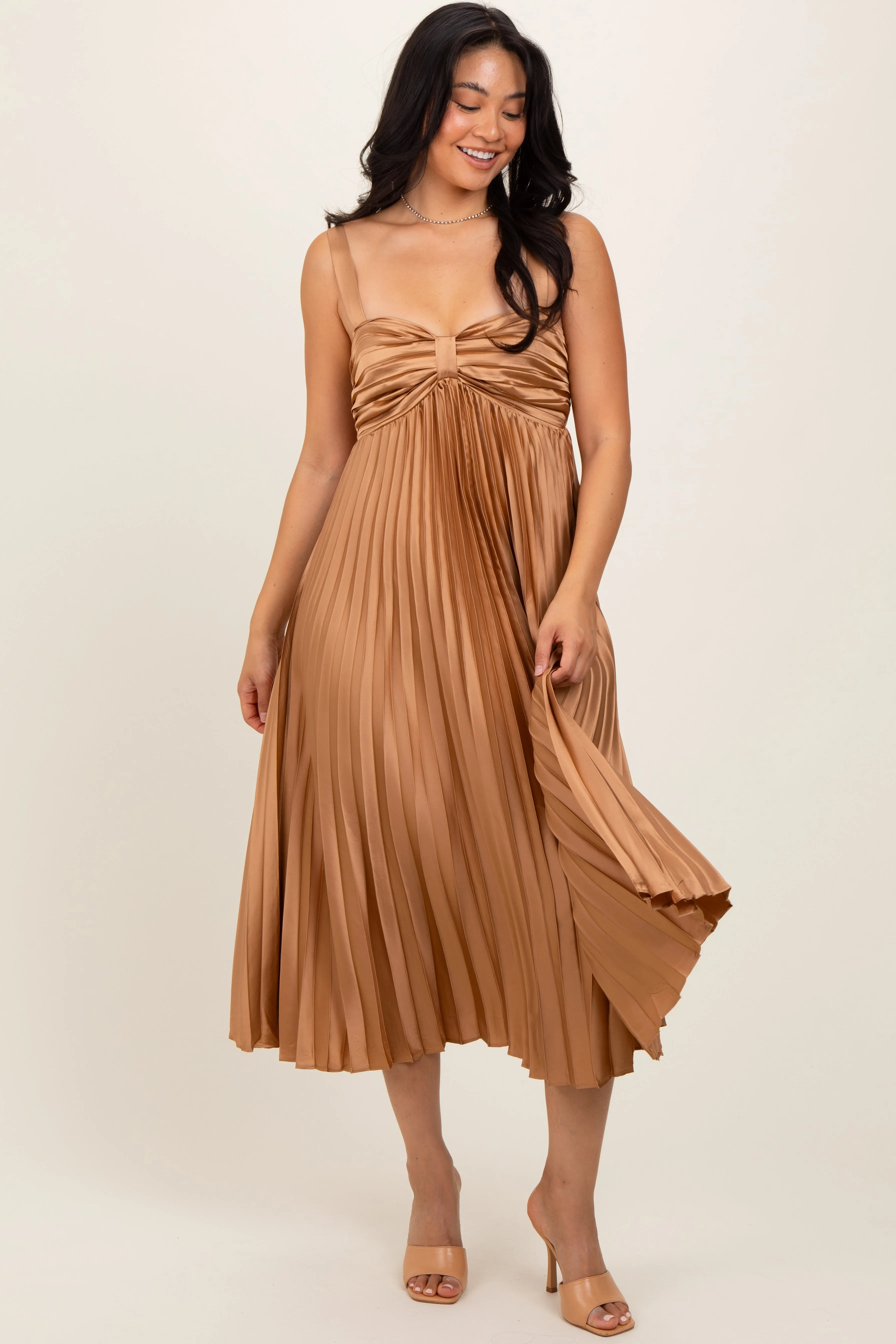 Gold Satin Pleated Sweetheart Midi Dress sold by Pinkblush