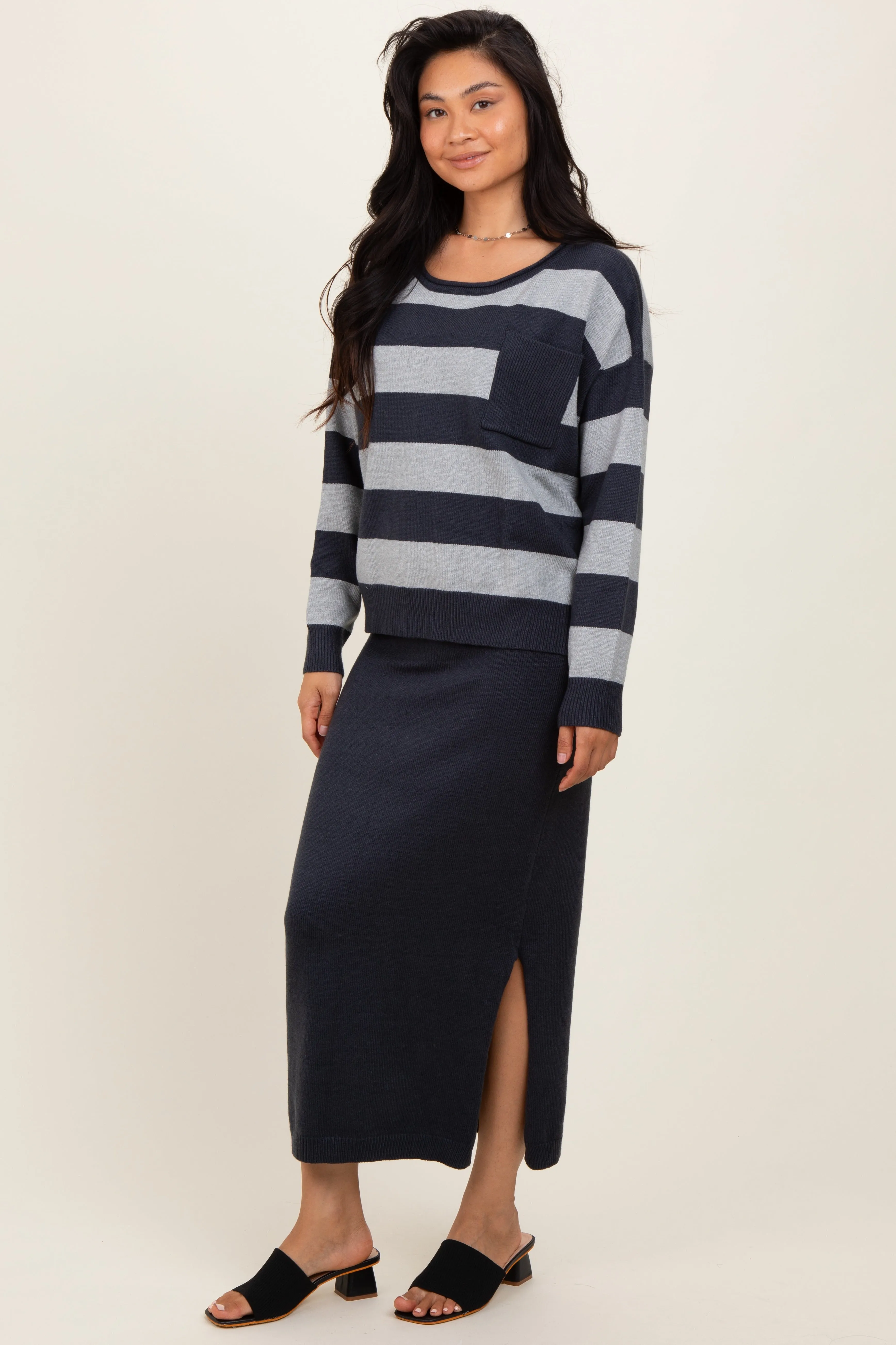 Navy Striped Sweater And Fitted Midi Skirt Set sold by Pinkblush
